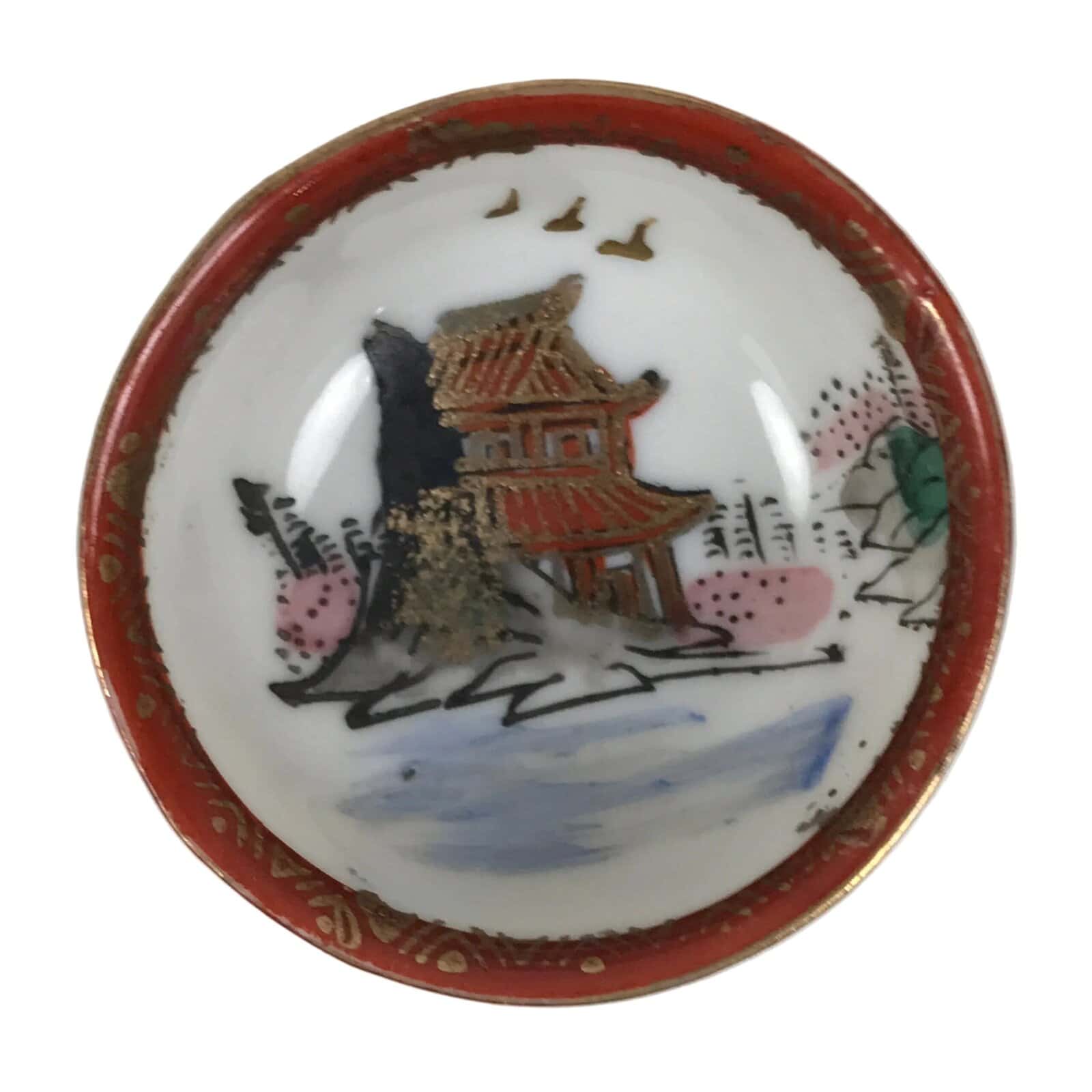 Japanese Kutani Imari Porcelain Sake Cup Vtg Tsubomi Ochoko Mountain Temple G344