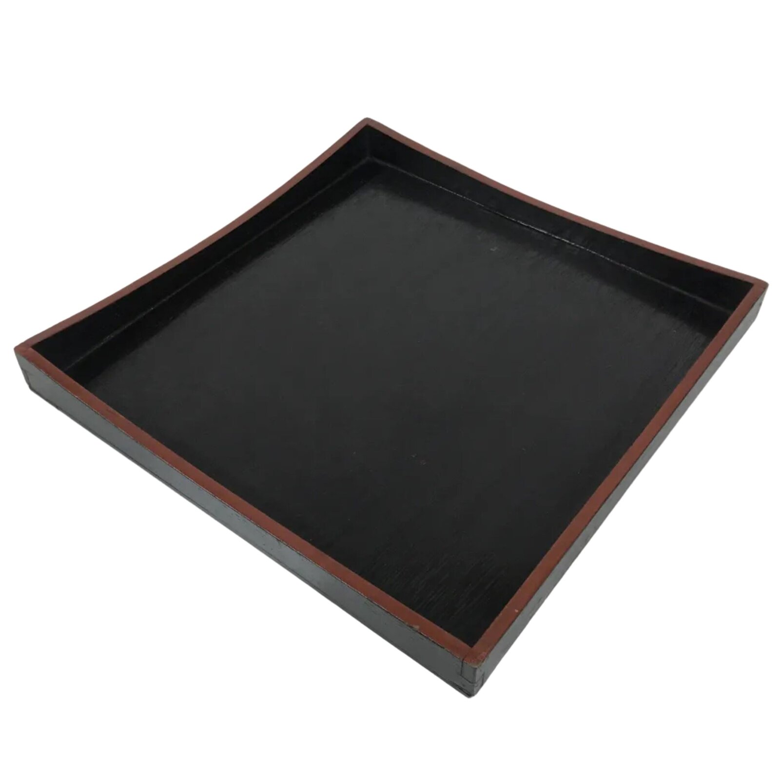 Japanese Lacquered Wood Serving Tray Obon Vtg Square Curved Red Edge Black L570