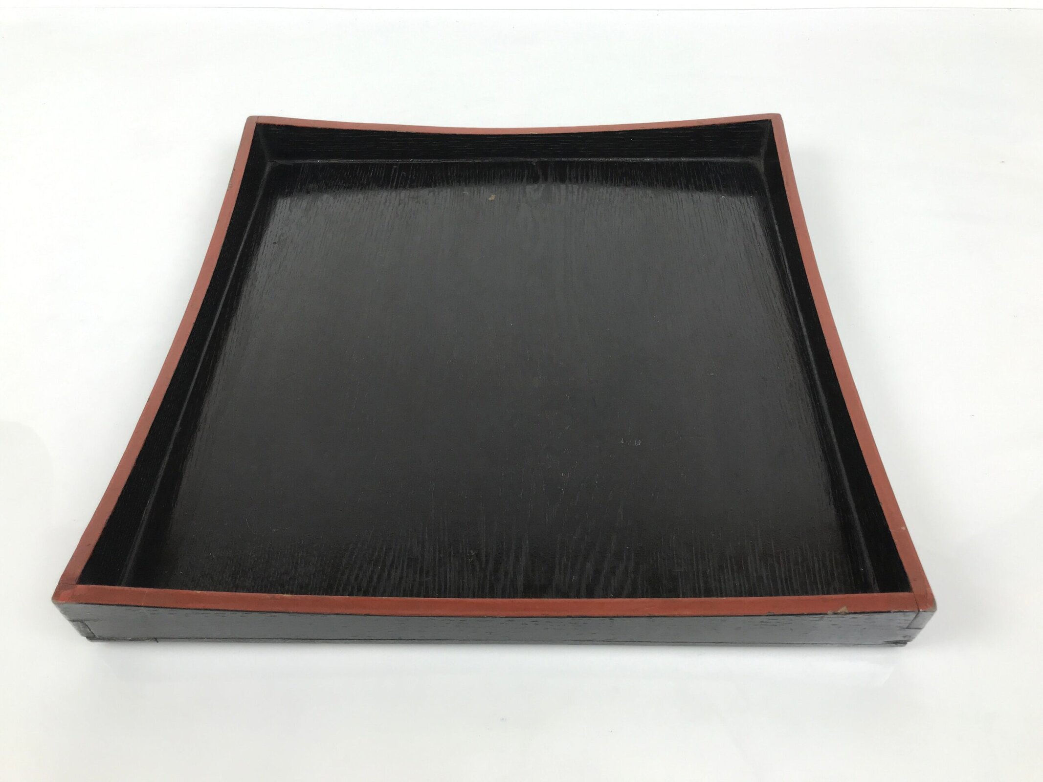 Japanese Lacquered Wood Serving Tray Obon Vtg Square Curved Red Edge Black L570
