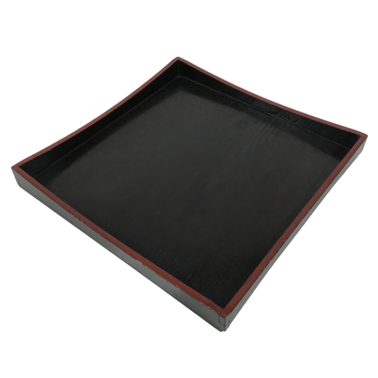 Japanese Lacquered Wood Serving Tray Obon Vtg Square Curved Red Edge Black L571
