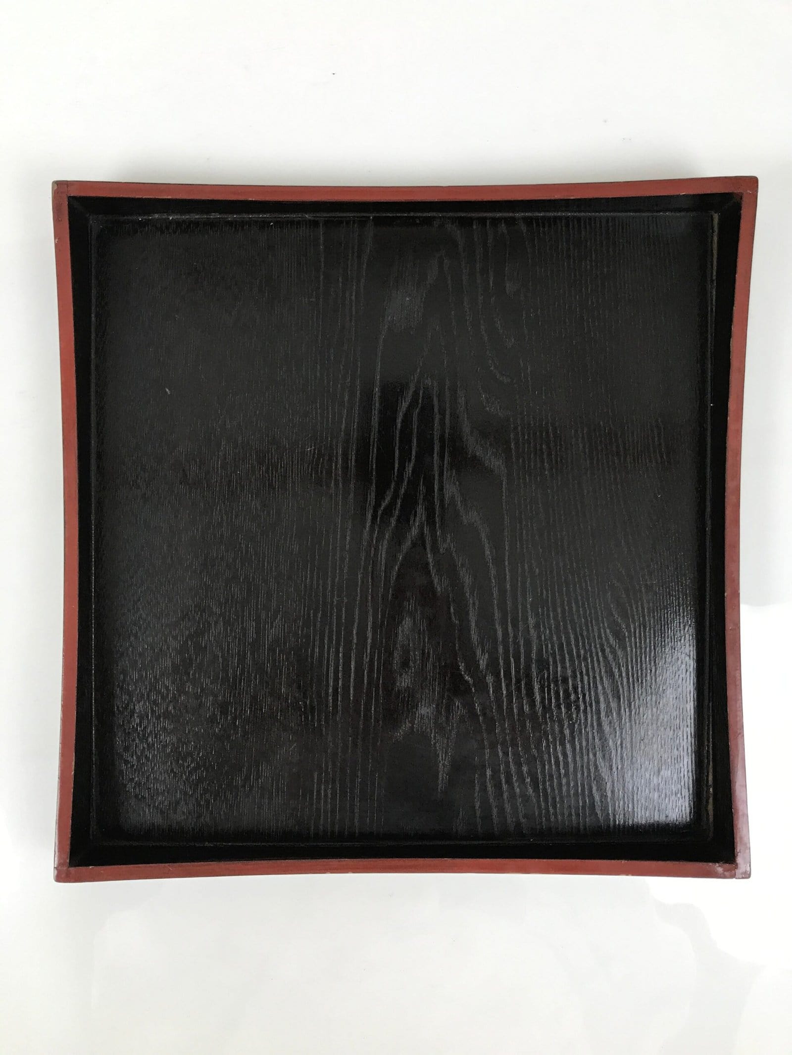 Japanese Lacquered Wood Serving Tray Obon Vtg Square Curved Red Edge Black L571