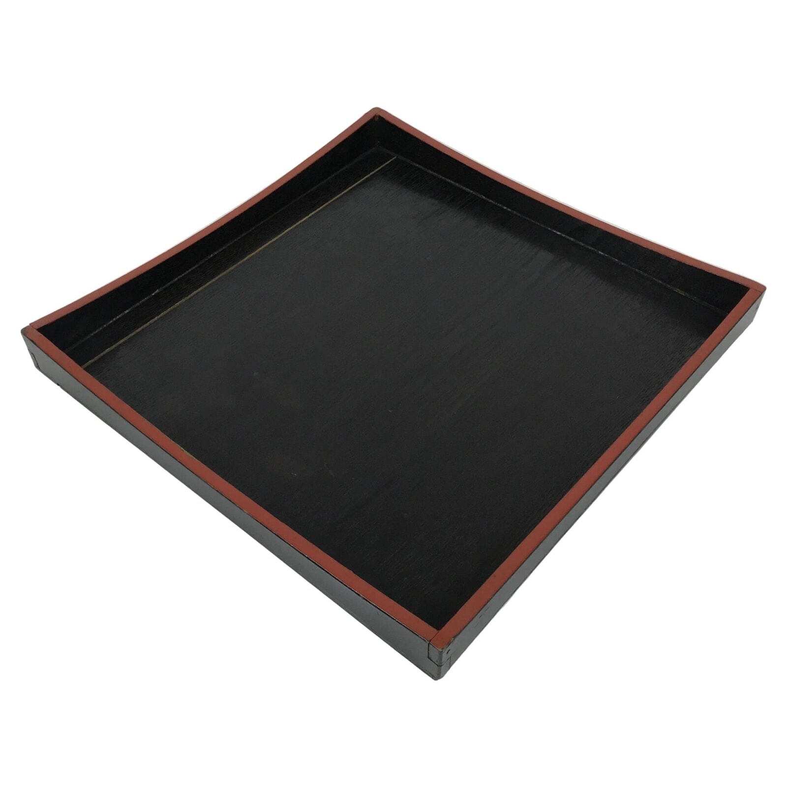 Japanese Lacquered Wood Serving Tray Obon Vtg Square Curved Red Edge Black L572