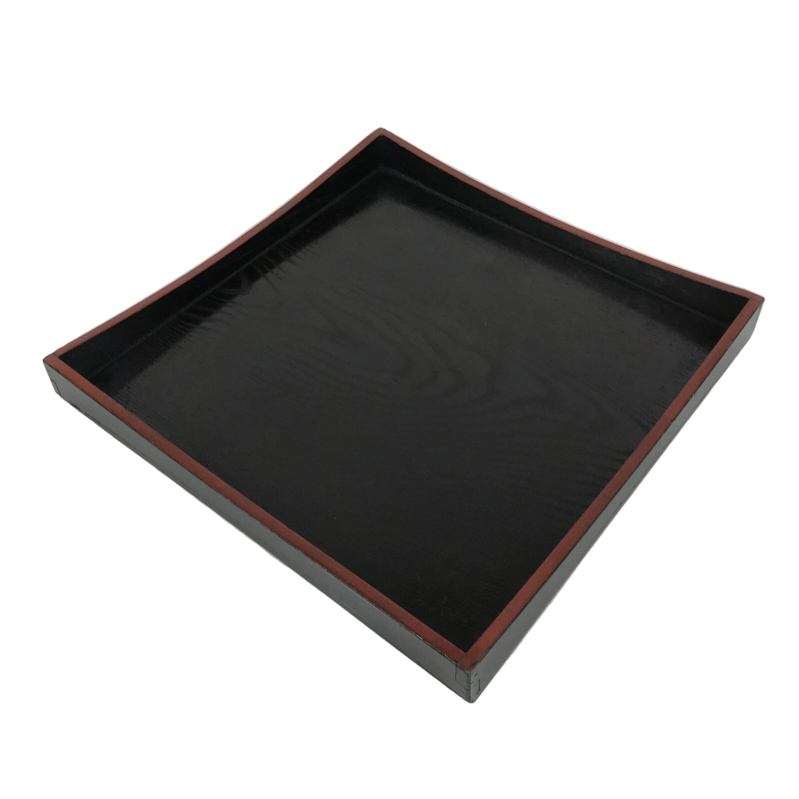 Japanese Lacquered Wood Serving Tray Obon Vtg Square Curved Red Edge Black L573