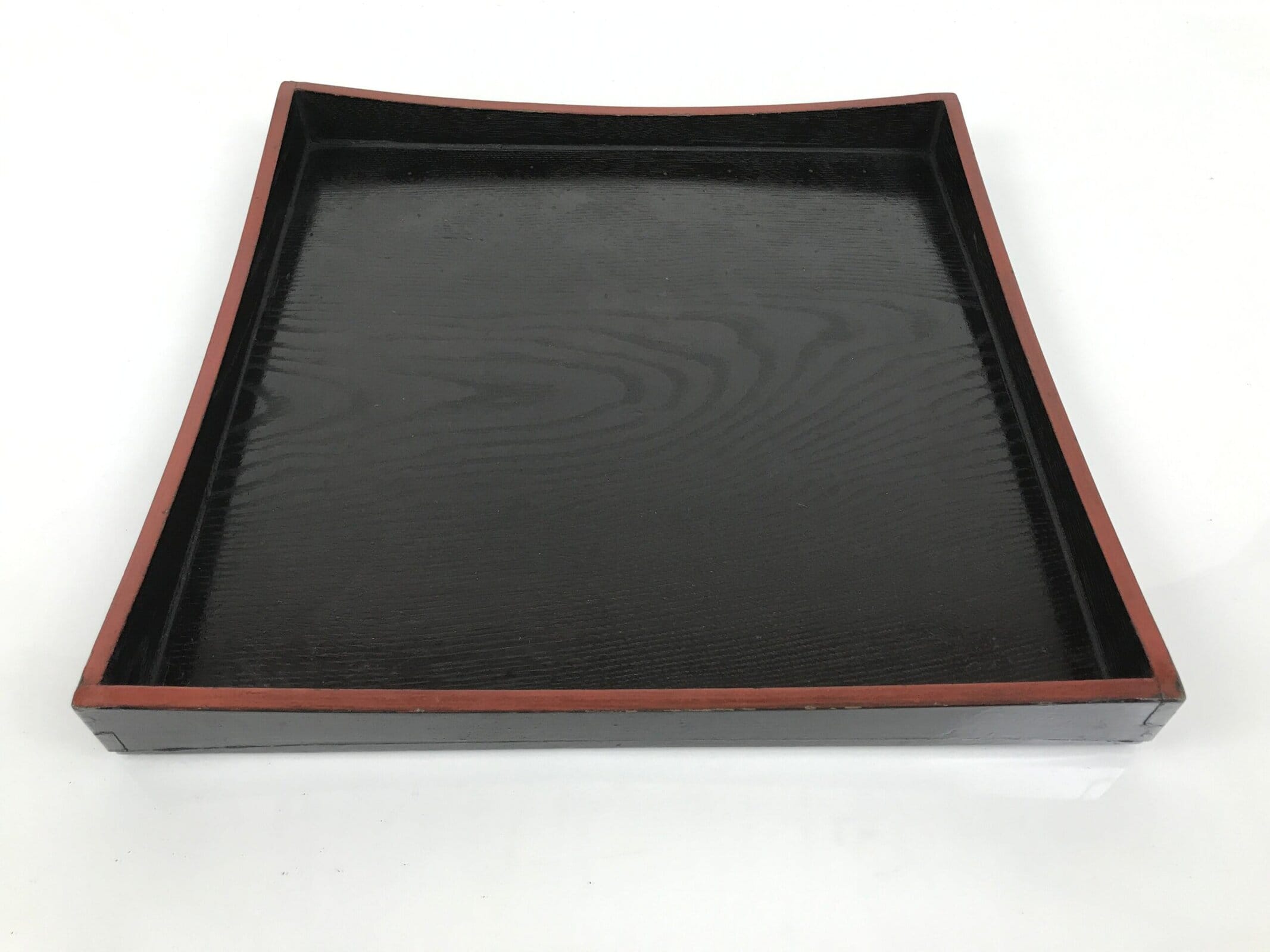 Japanese Lacquered Wood Serving Tray Obon Vtg Square Curved Red Edge Black L573
