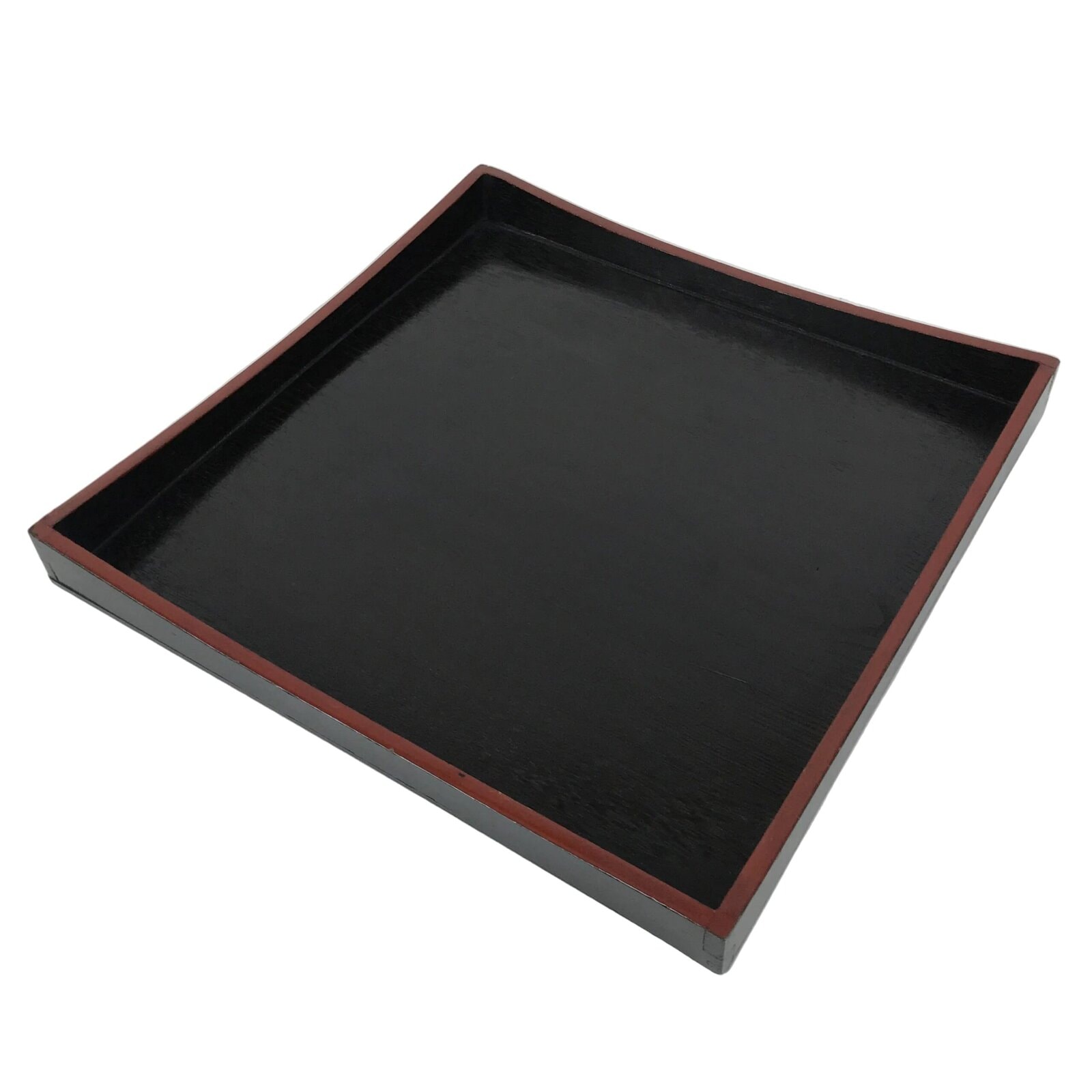 Japanese Lacquered Wood Serving Tray Obon Vtg Square Curved Red Edge Black L575