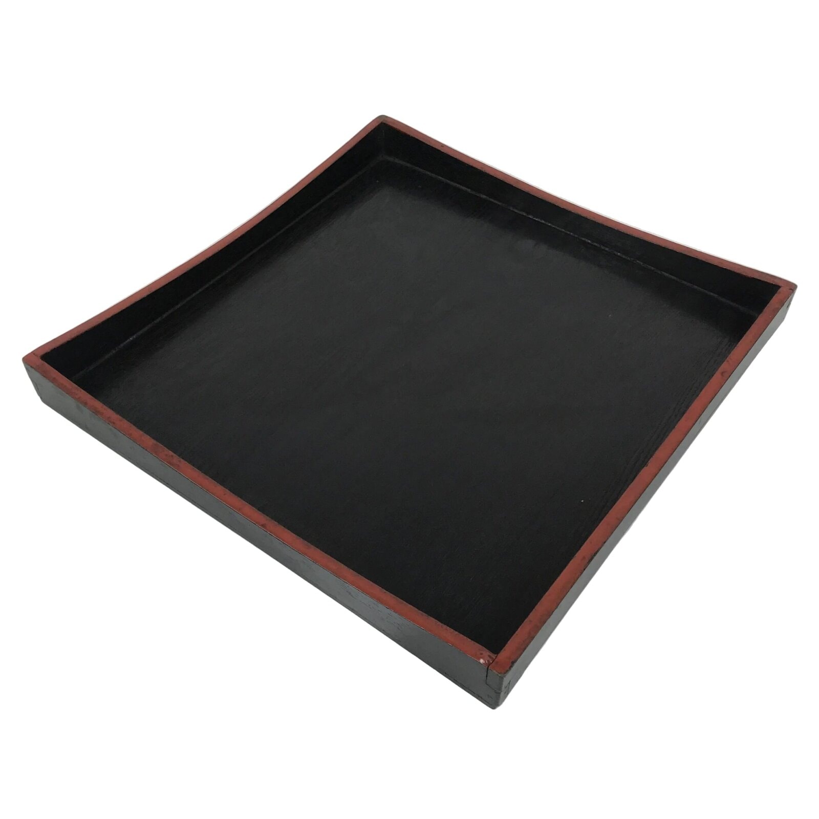 Japanese Lacquered Wood Serving Tray Obon Vtg Square Curved Red Edge Black L576