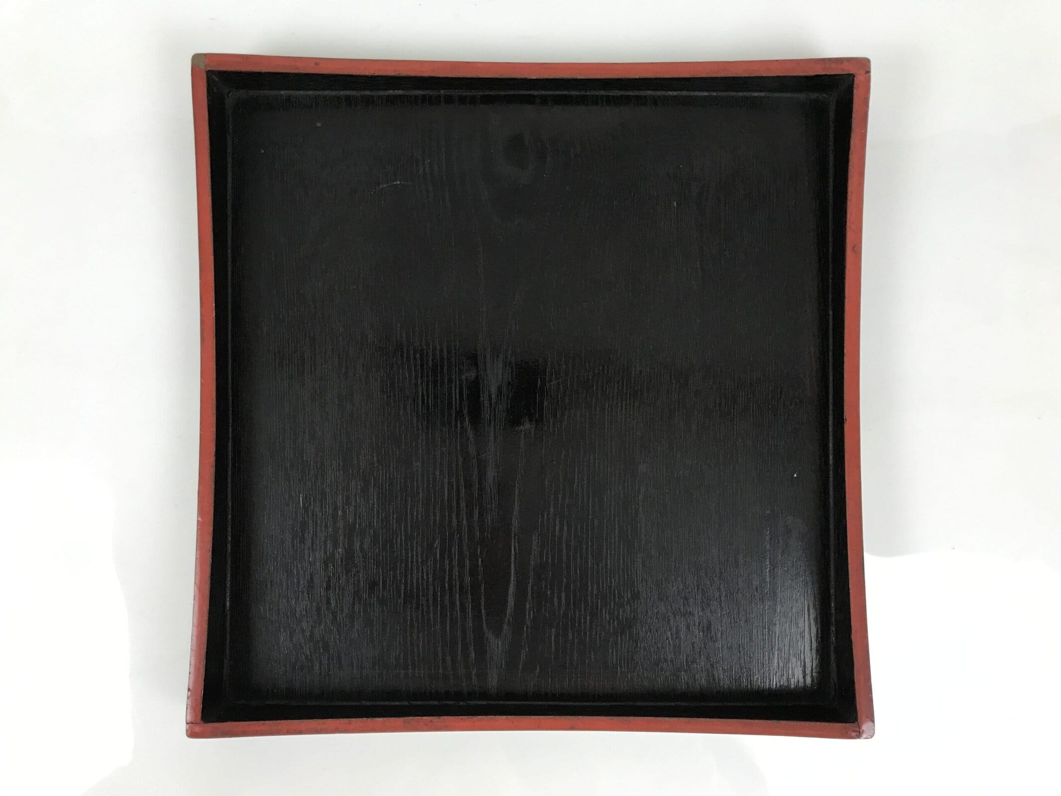 Japanese Lacquered Wood Serving Tray Obon Vtg Square Curved Red Edge Black L576