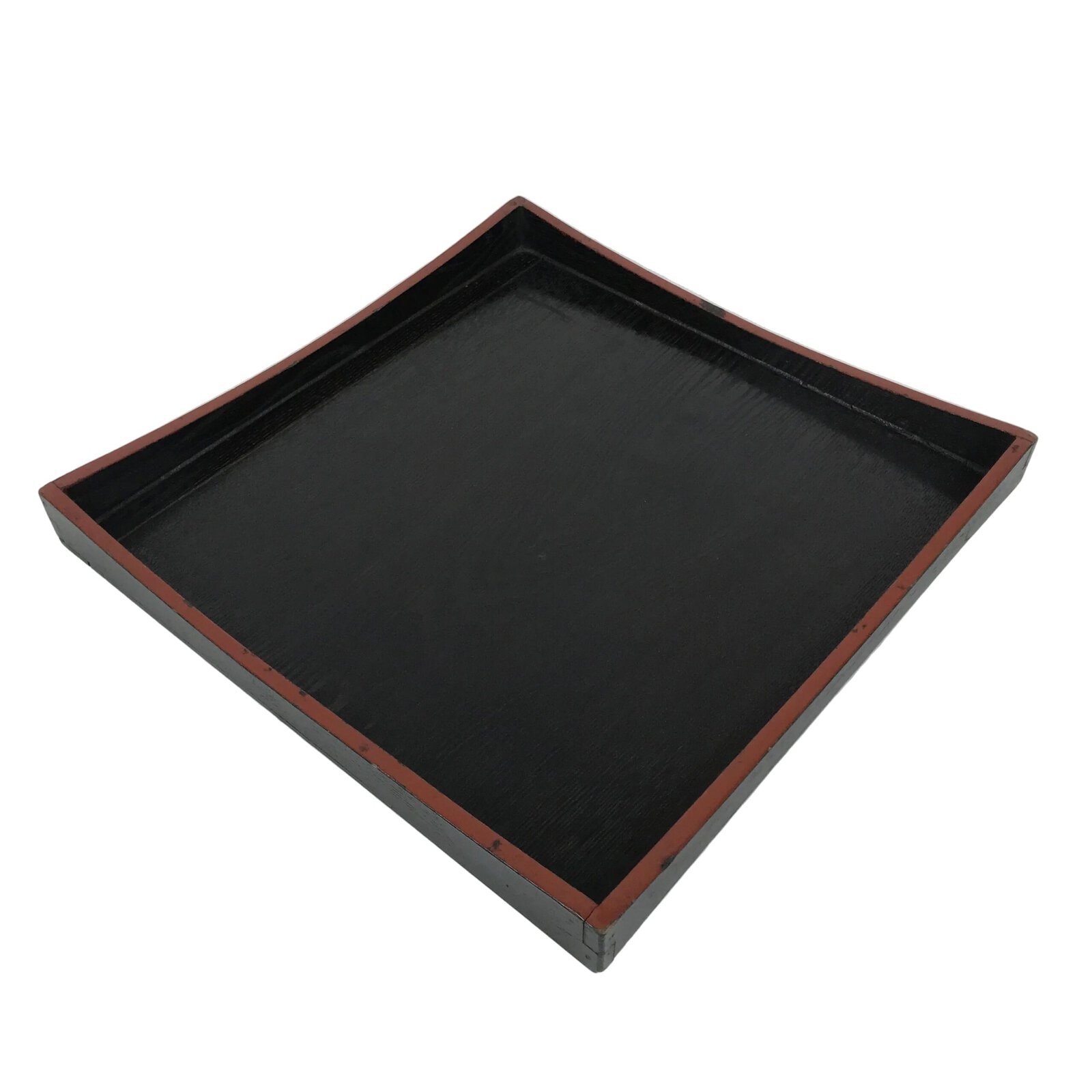 Japanese Lacquered Wood Serving Tray Obon Vtg Square Curved Red Edge Black L577