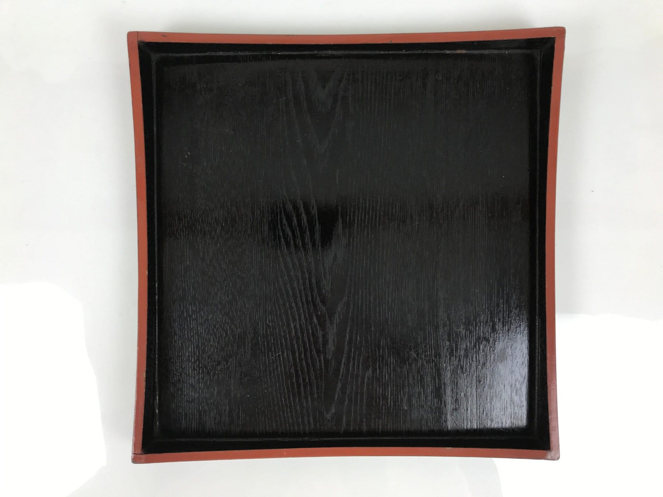 Japanese Lacquered Wood Serving Tray Obon Vtg Square Curved Red Edge Black L578