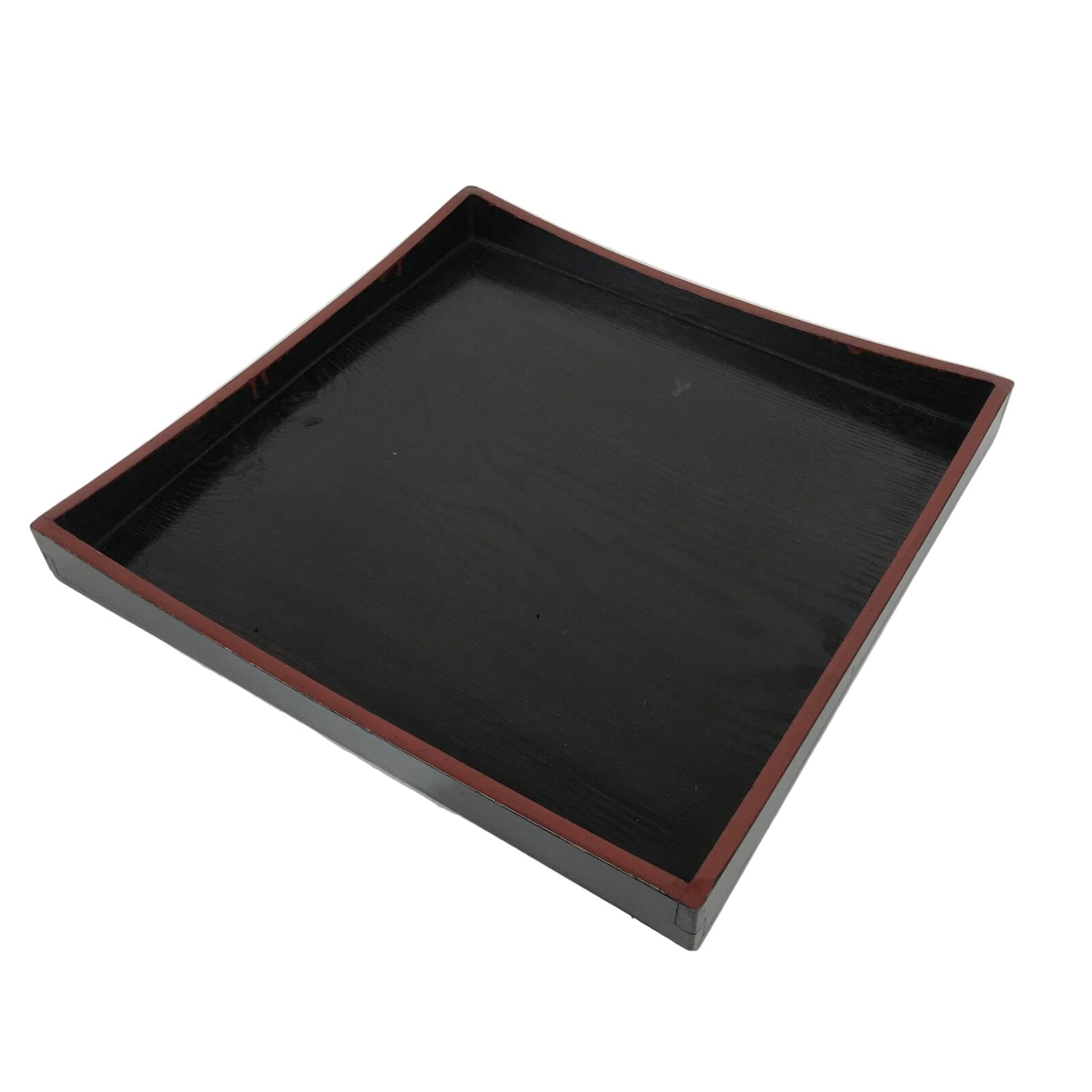 Japanese Lacquered Wood Serving Tray Obon Vtg Square Curved Red Edge Black L579