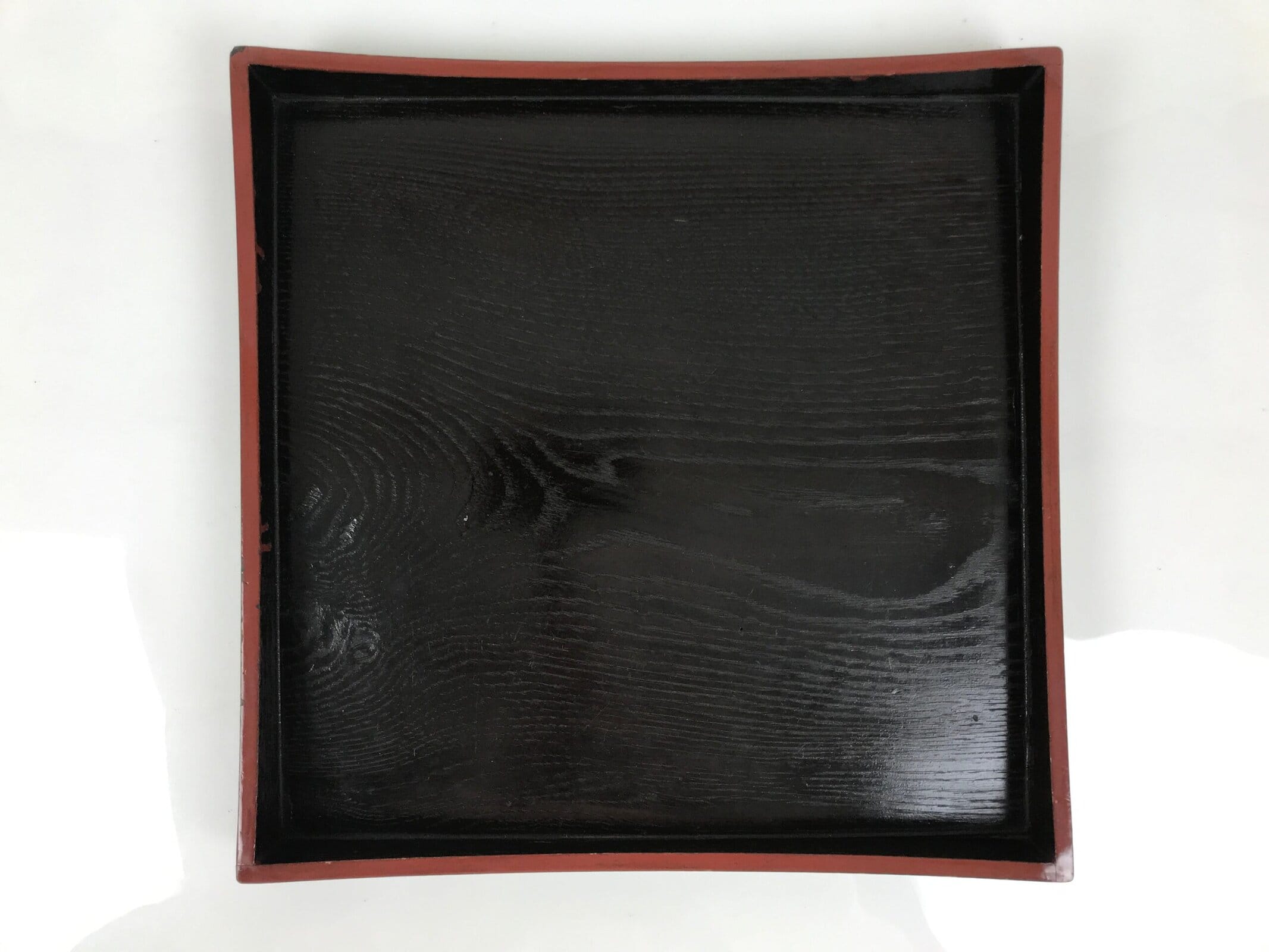 Japanese Lacquered Wood Serving Tray Obon Vtg Square Curved Red Edge Black L579