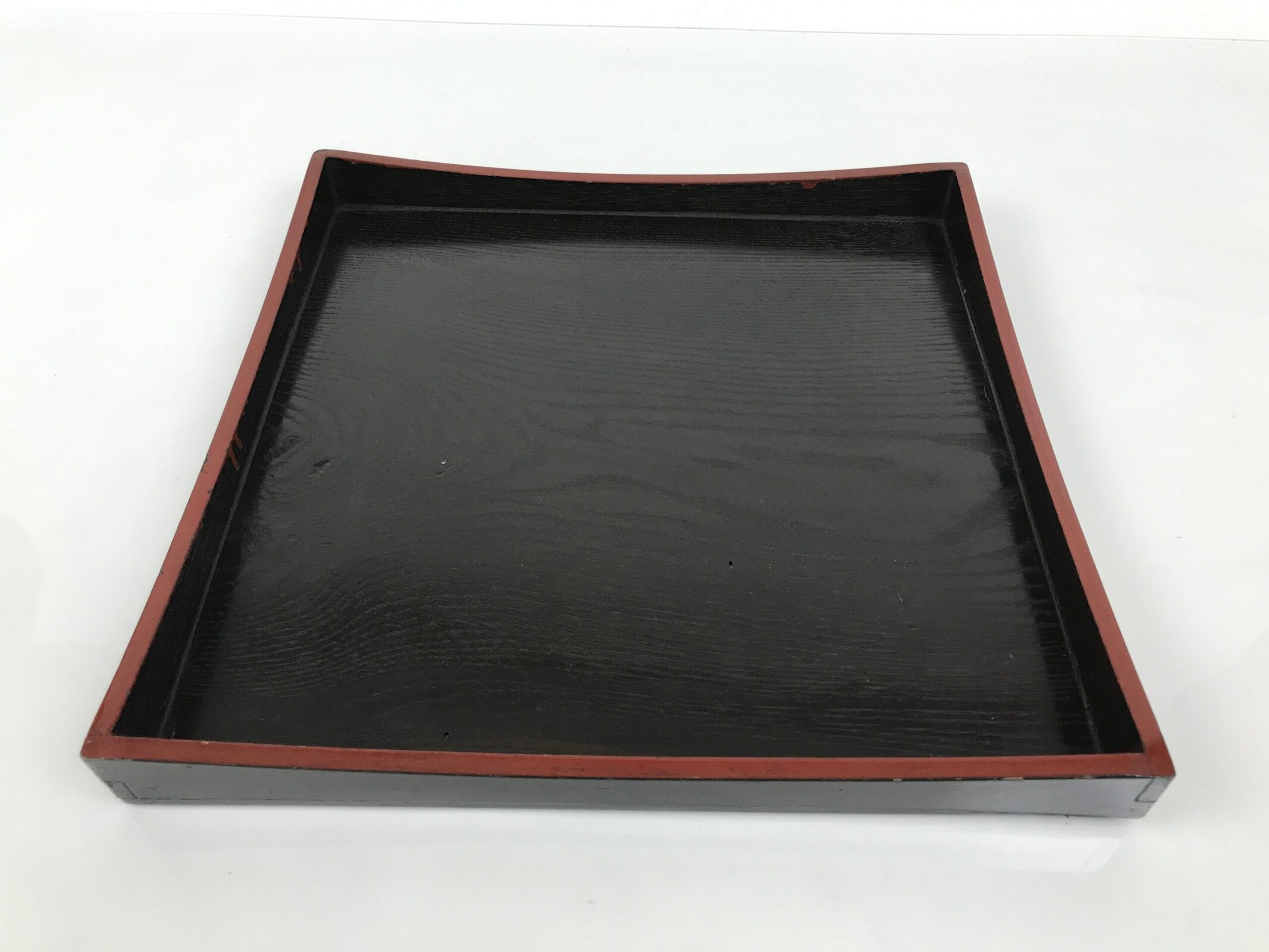 Japanese Lacquered Wood Serving Tray Obon Vtg Square Curved Red Edge Black L579