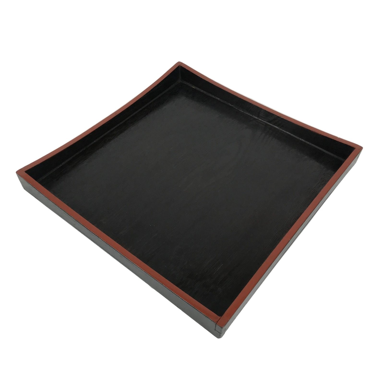 Japanese Lacquered Wood Serving Tray Obon Vtg Square Curved Red Edge Black L580