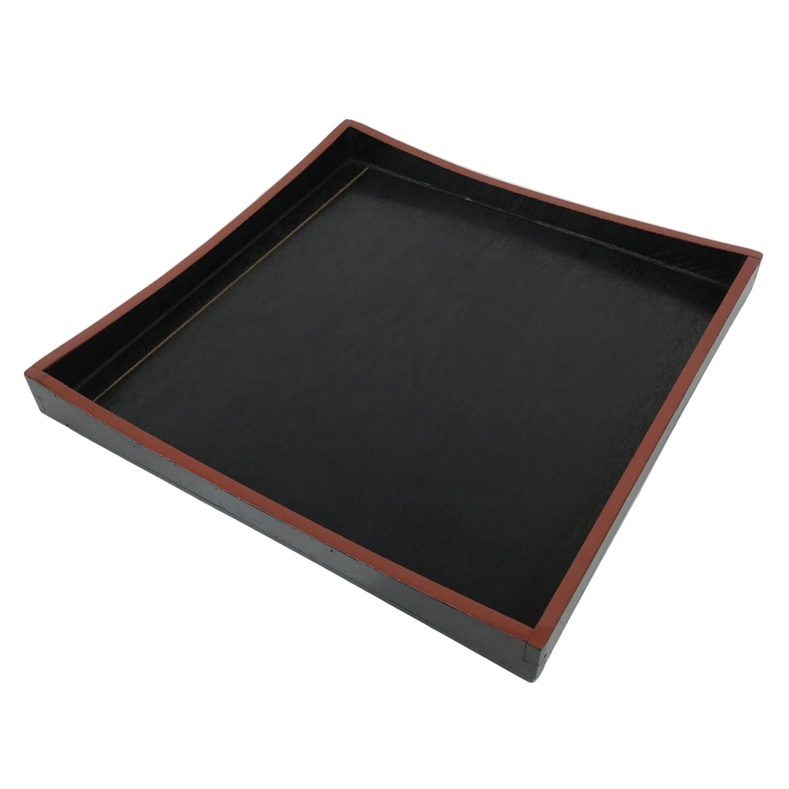 Japanese Lacquered Wood Serving Tray Obon Vtg Square Curved Red Edge Black L581