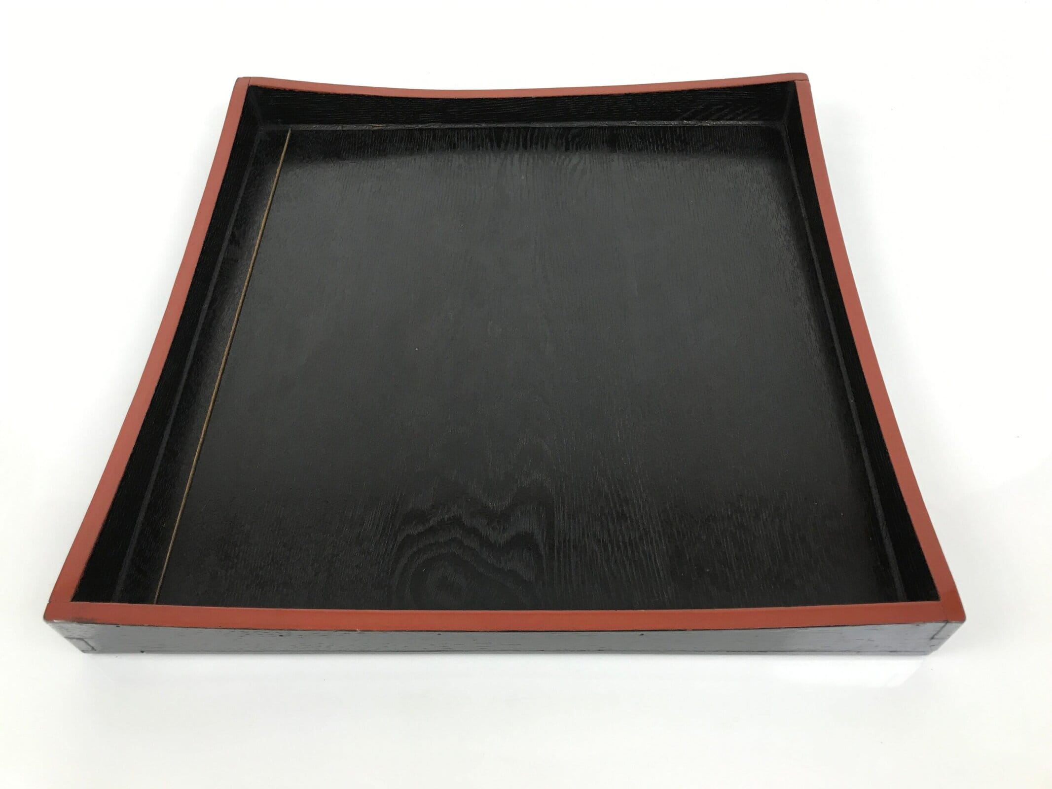Japanese Lacquered Wood Serving Tray Obon Vtg Square Curved Red Edge Black L581