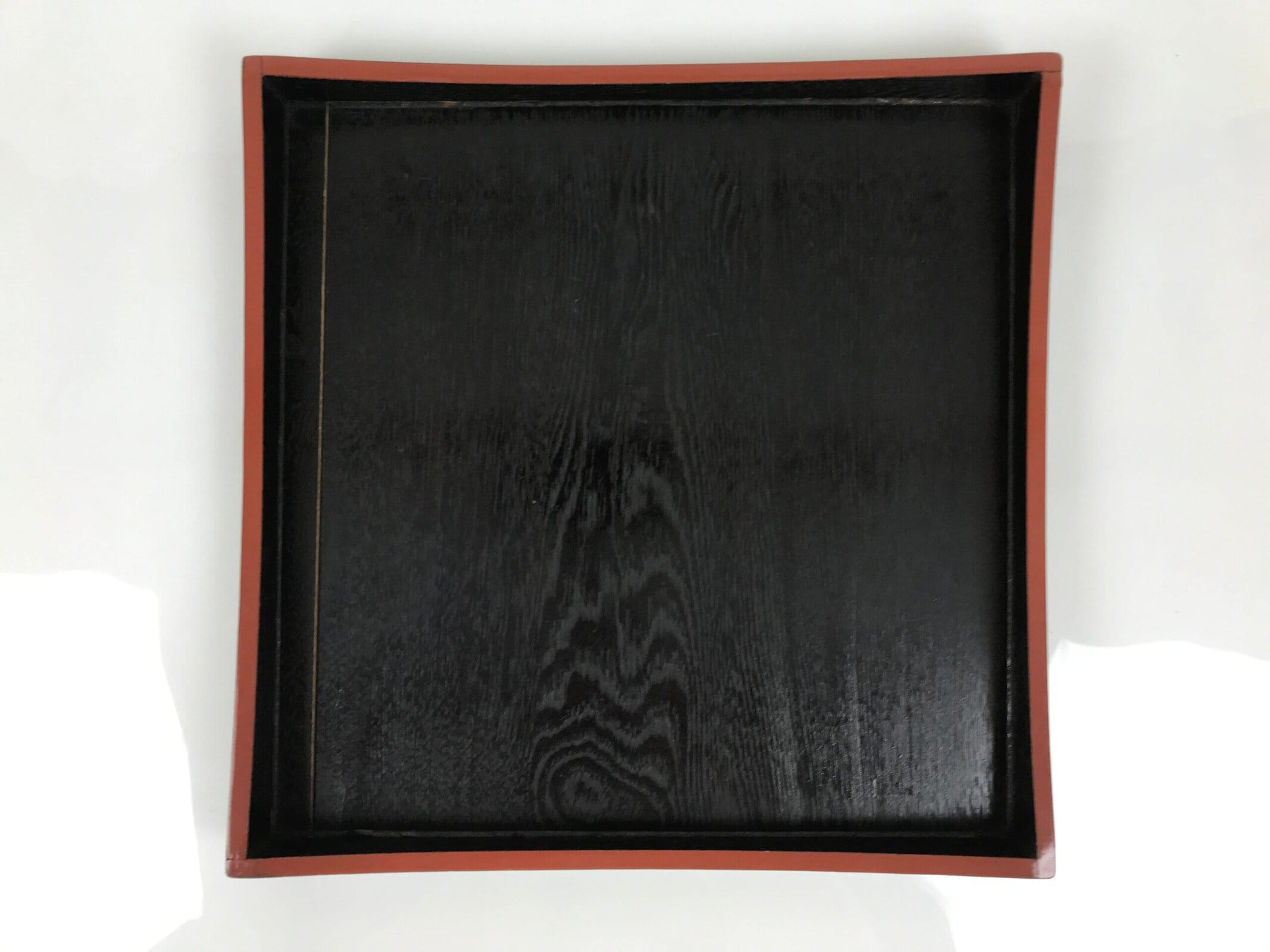 Japanese Lacquered Wood Serving Tray Obon Vtg Square Curved Red Edge Black L581