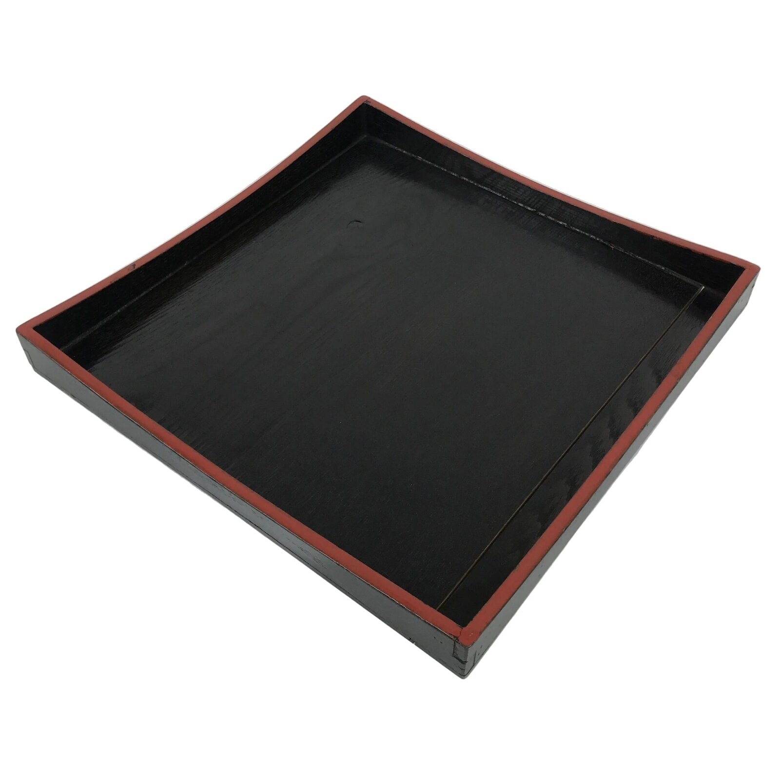 Japanese Lacquered Wood Serving Tray Obon Vtg Square Curved Red Edge Black L582