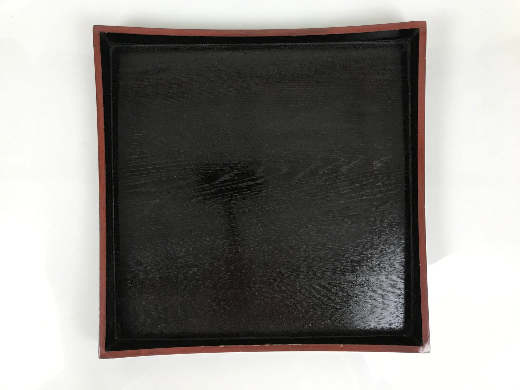 Japanese Lacquered Wood Serving Tray Obon Vtg Square Curved Red Edge Black L583