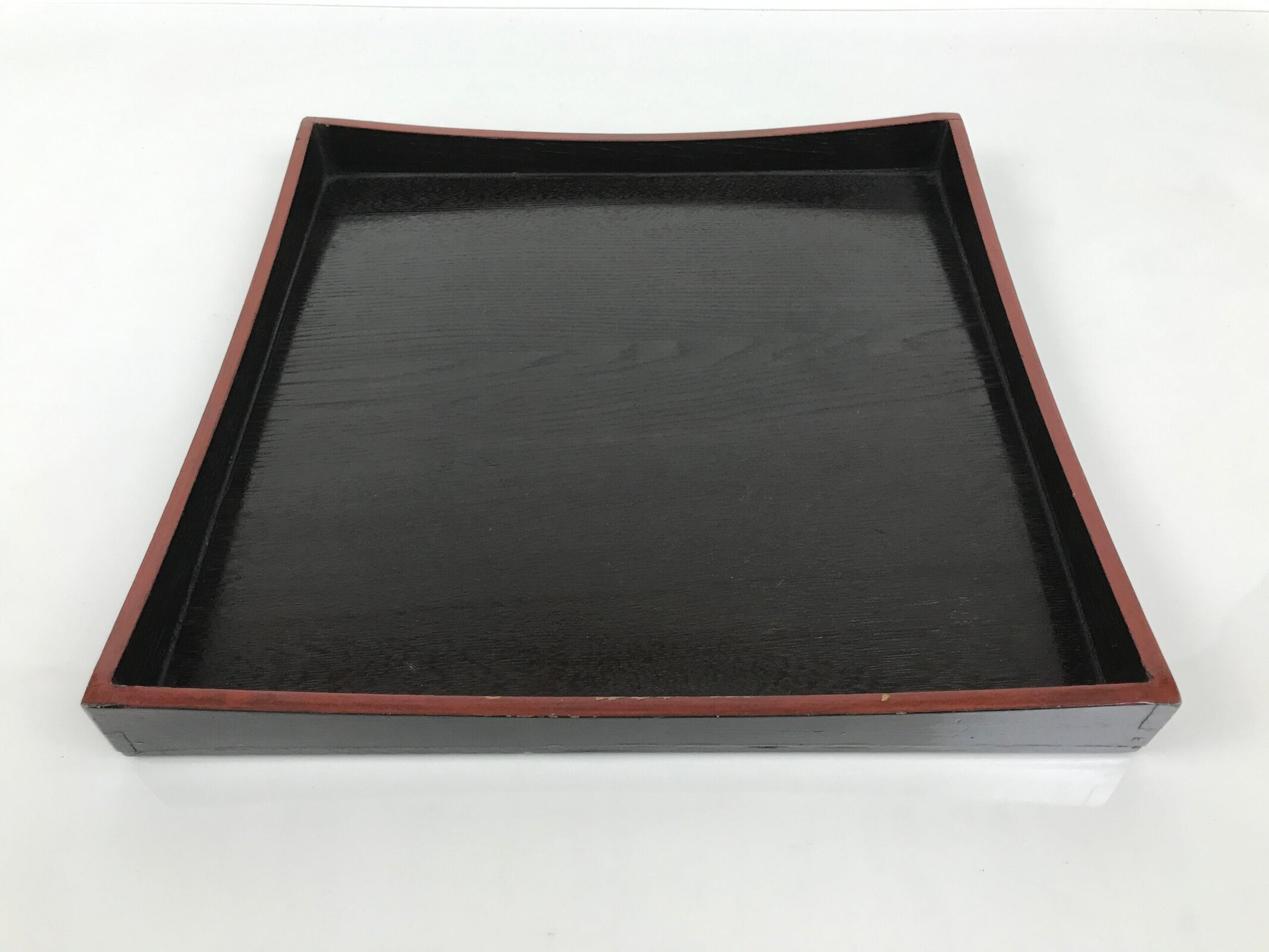 Japanese Lacquered Wood Serving Tray Obon Vtg Square Curved Red Edge Black L583