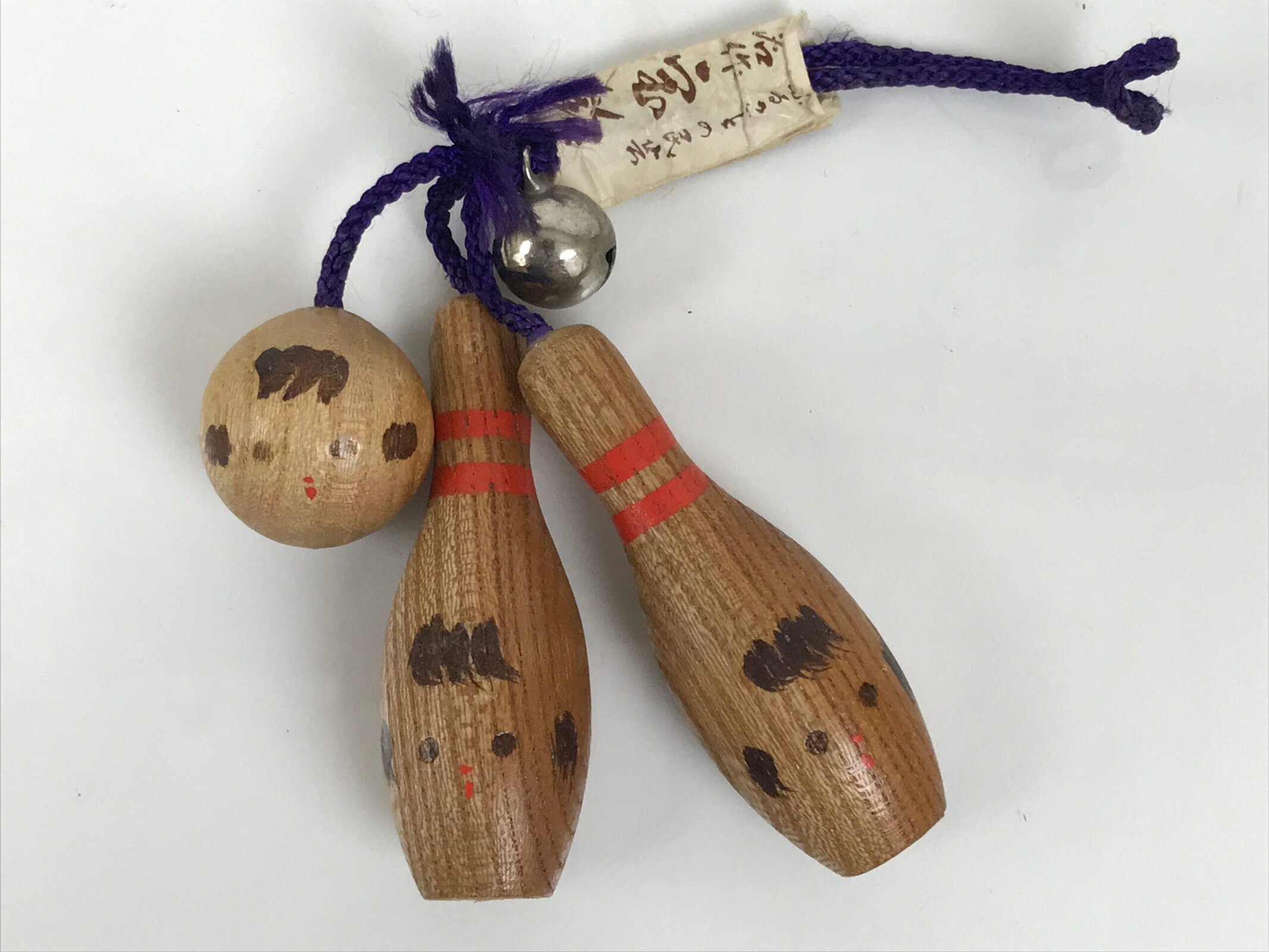 Japanese Wooden Kokeshi Charm Vtg Bowling Pin Ball Brown Traffic Safety KF817
