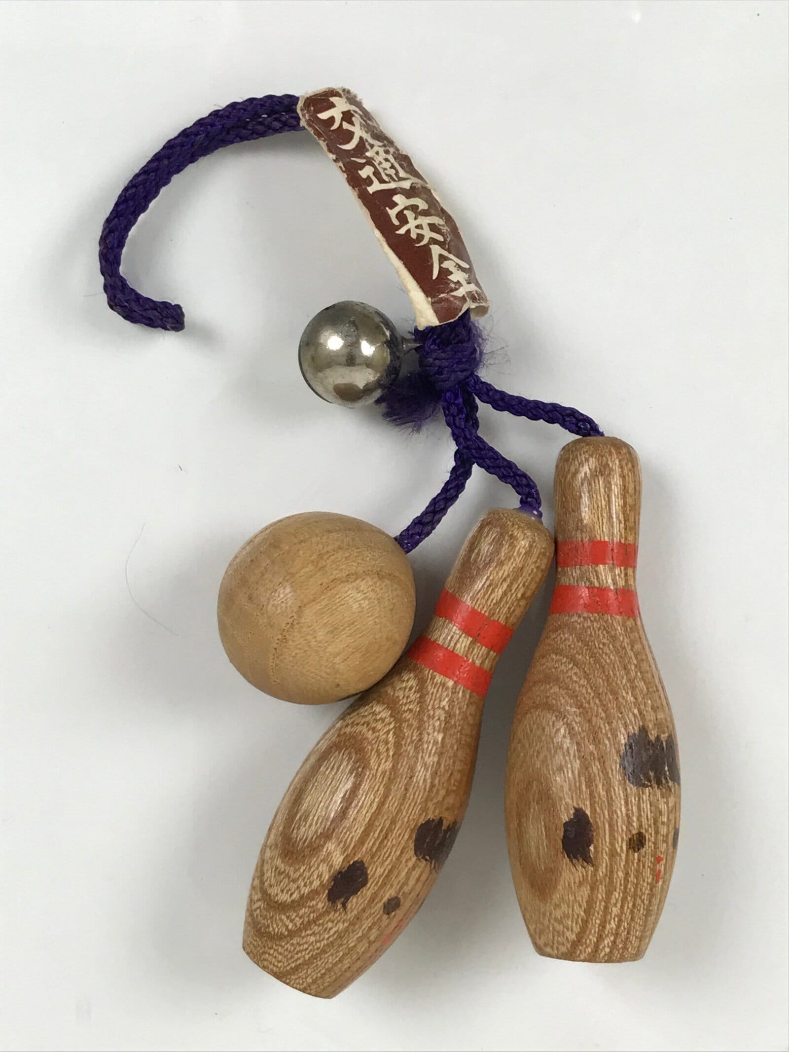Japanese Wooden Kokeshi Charm Vtg Bowling Pin Ball Brown Traffic Safety KF817