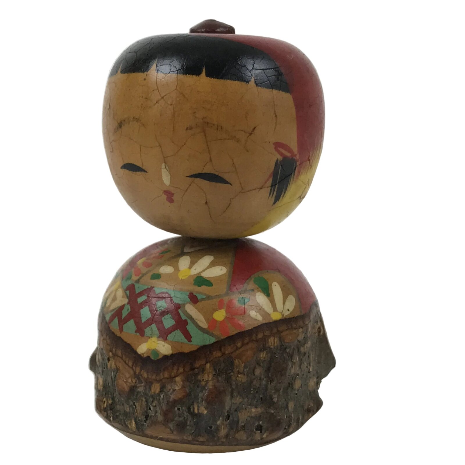 Japanese Wooden Kokeshi Doll Vtg Figurine Wobbly Apple Head Bark Floral KF805