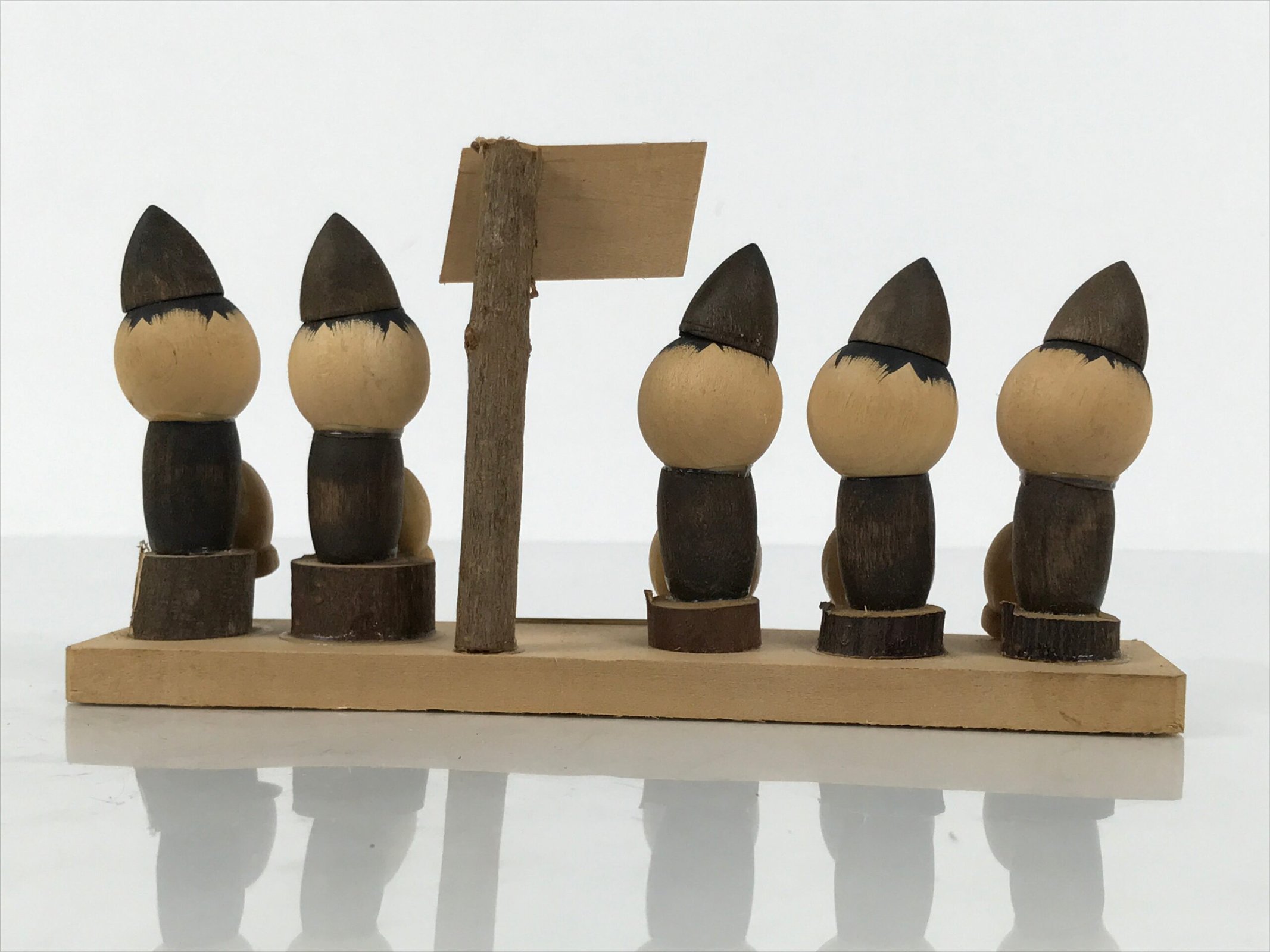 Japanese Wooden Kokeshi Doll Vtg Good Friends Hat Child Hiragana Brown KF819