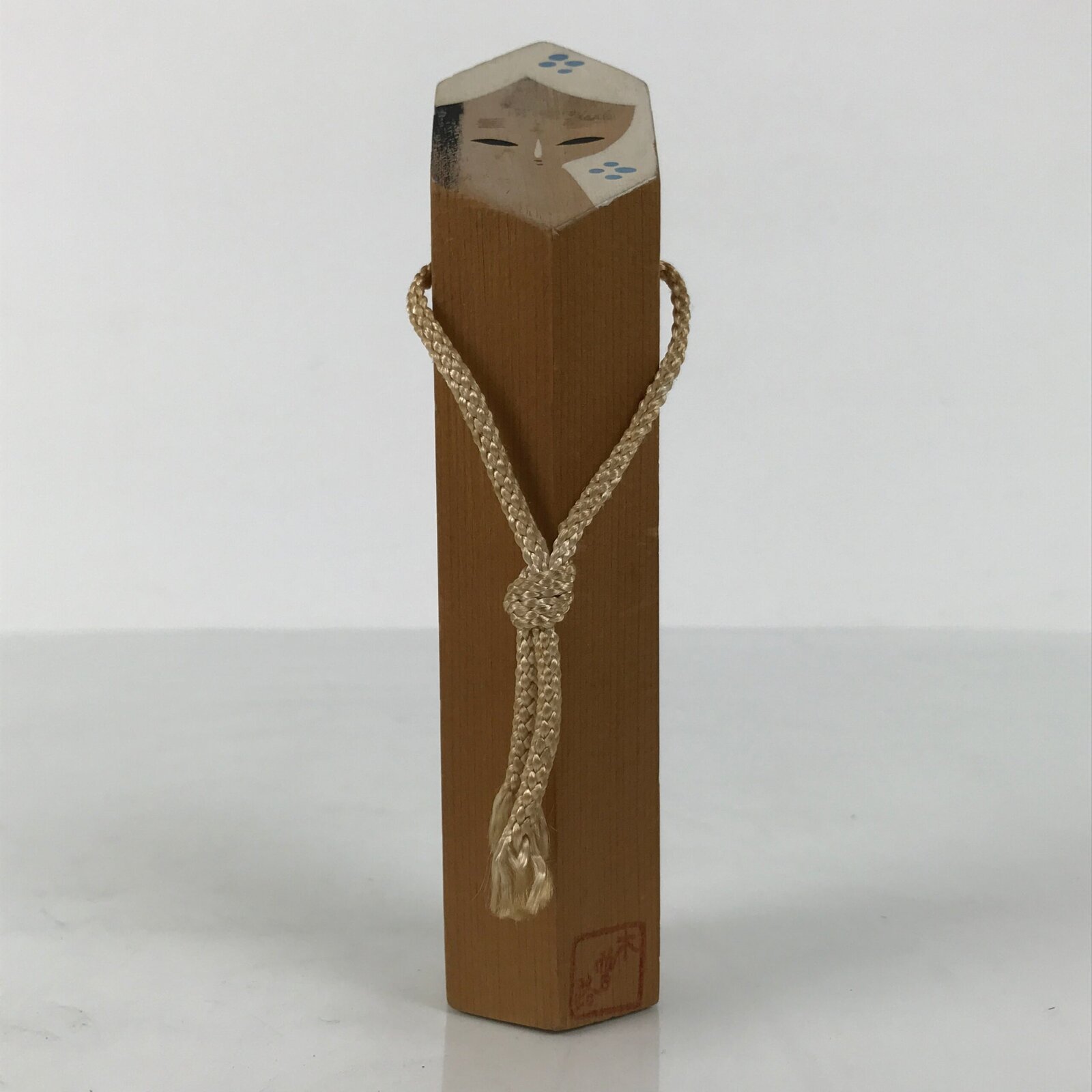 Japanese Wooden Kokeshi Doll Vtg Hexagonal Figurine Kisoji Brown White KF813