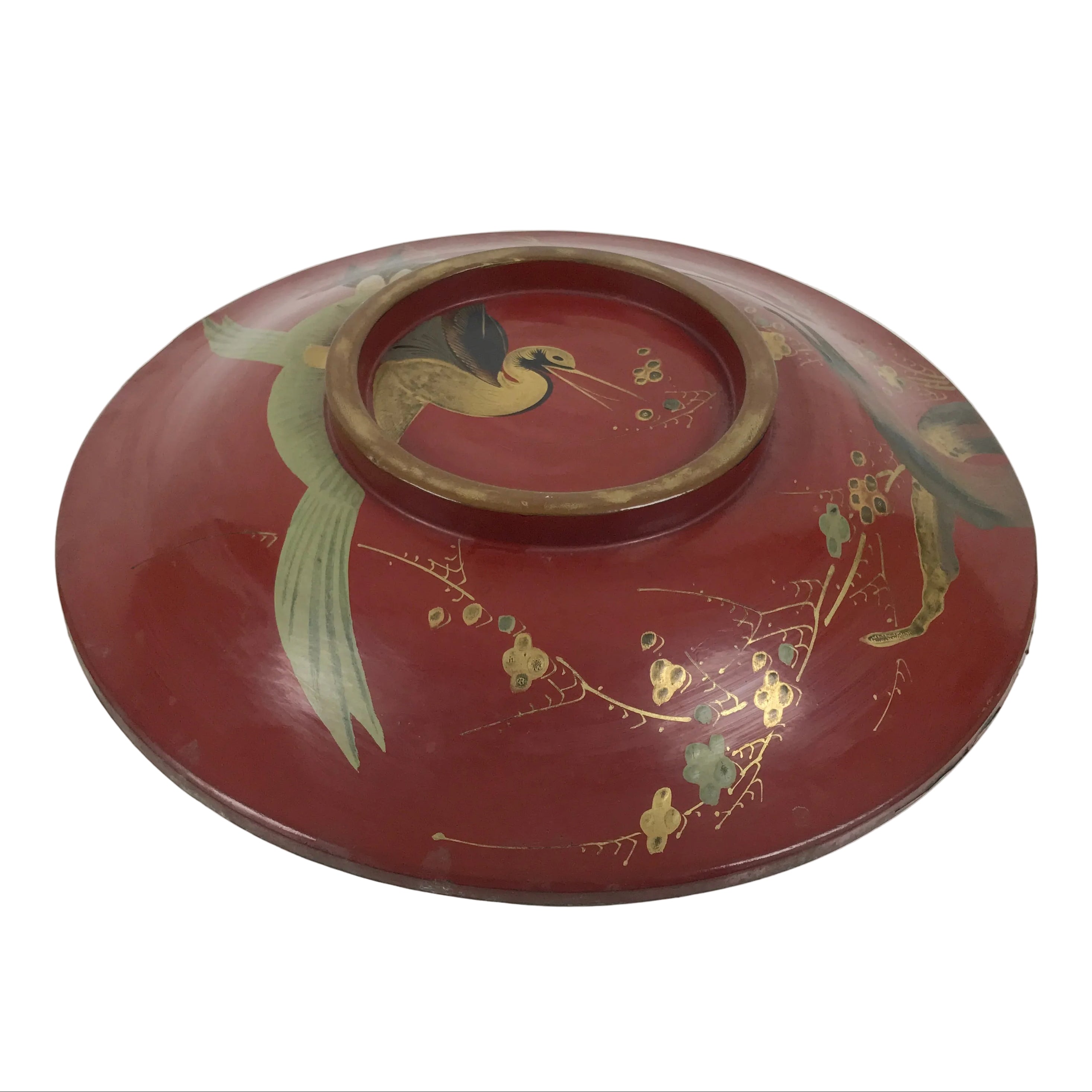 Antique Japanese Lacquer Wood Lidded Large Bowl Makie Gold Red Plum Crane L611