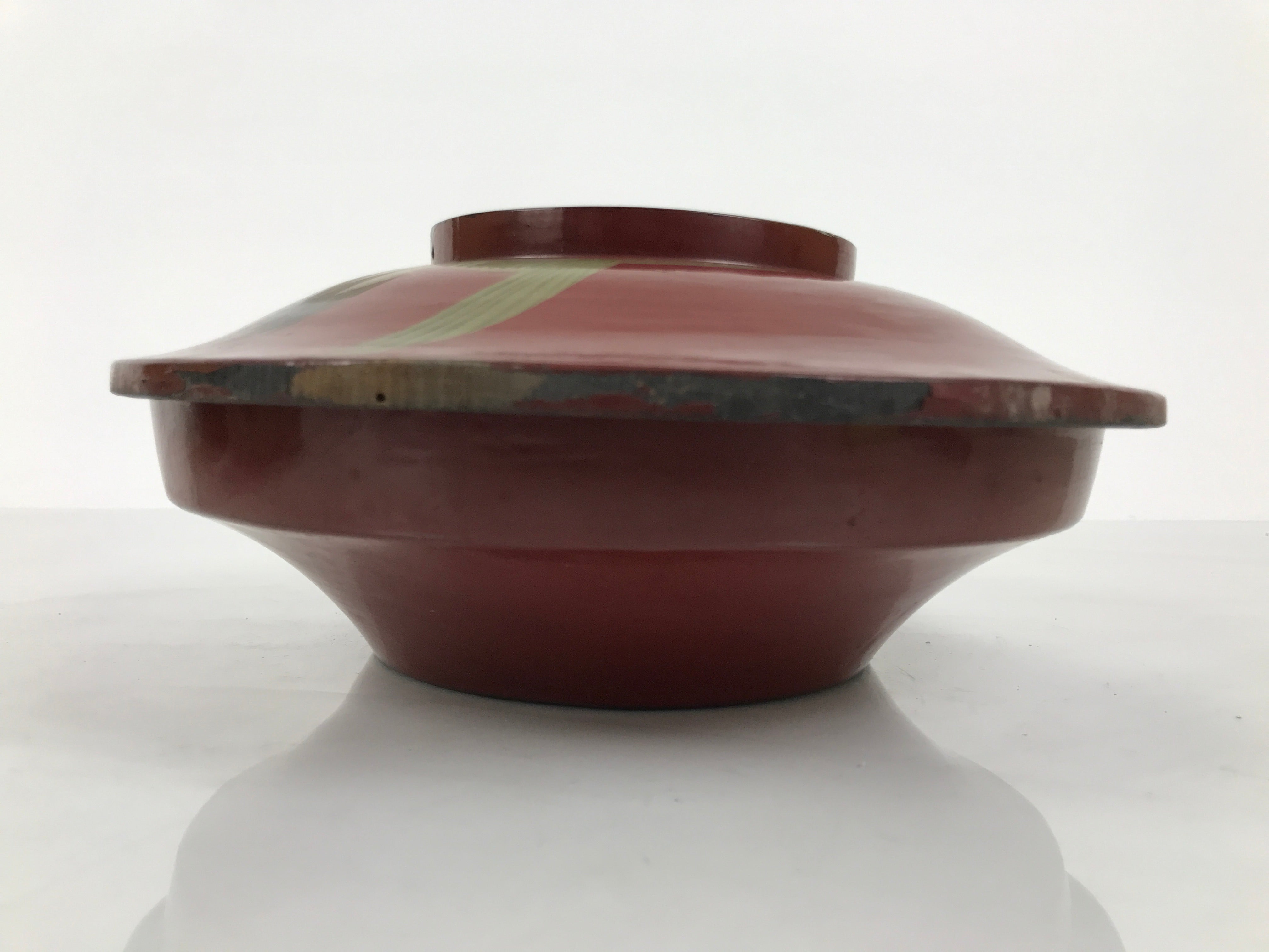 Antique Japanese Lacquer Wood Lidded Large Bowl Makie Gold Red Plum Crane L611