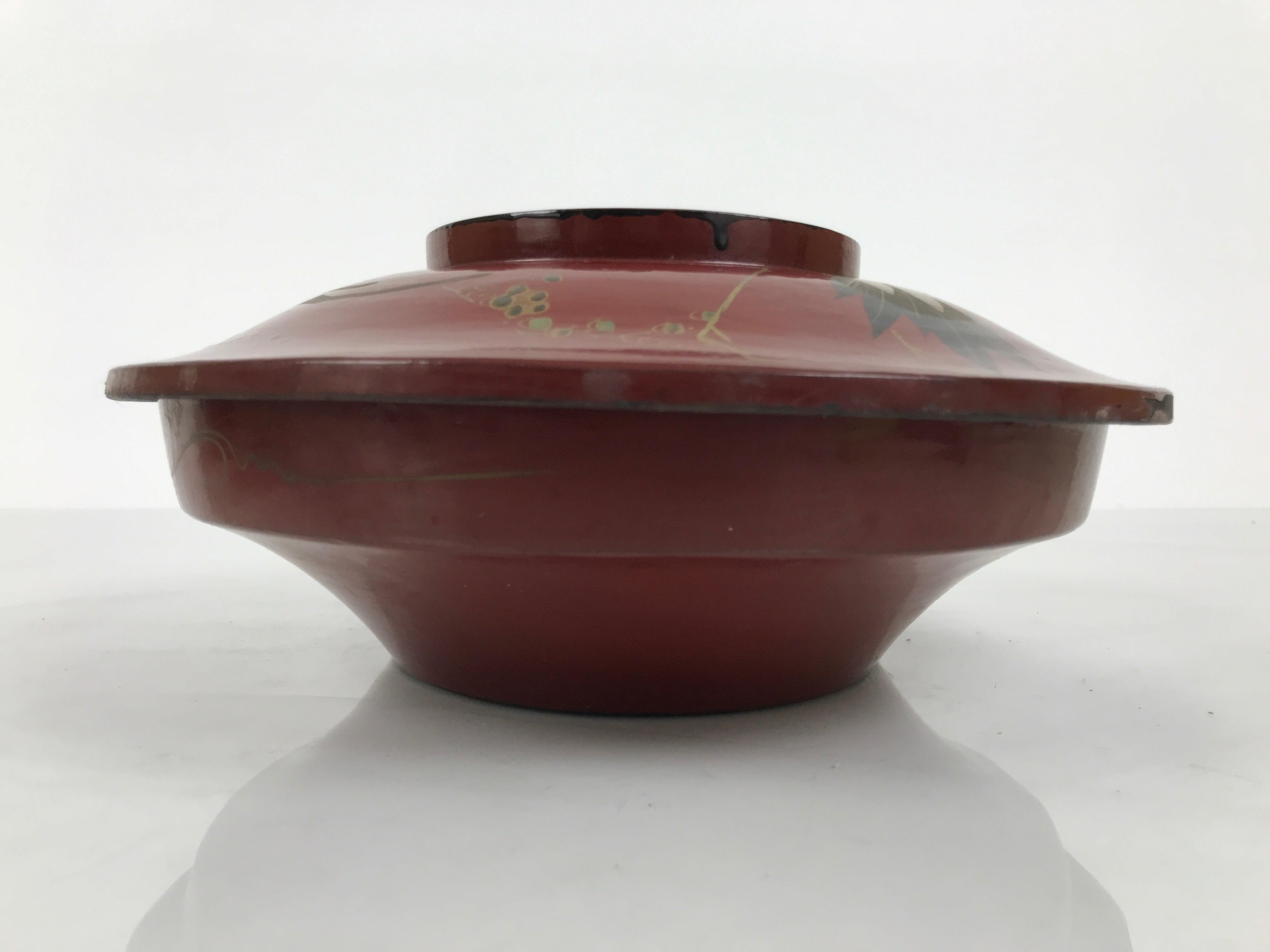 Antique Japanese Lacquer Wood Lidded Large Bowl Makie Gold Red Plum Crane L611