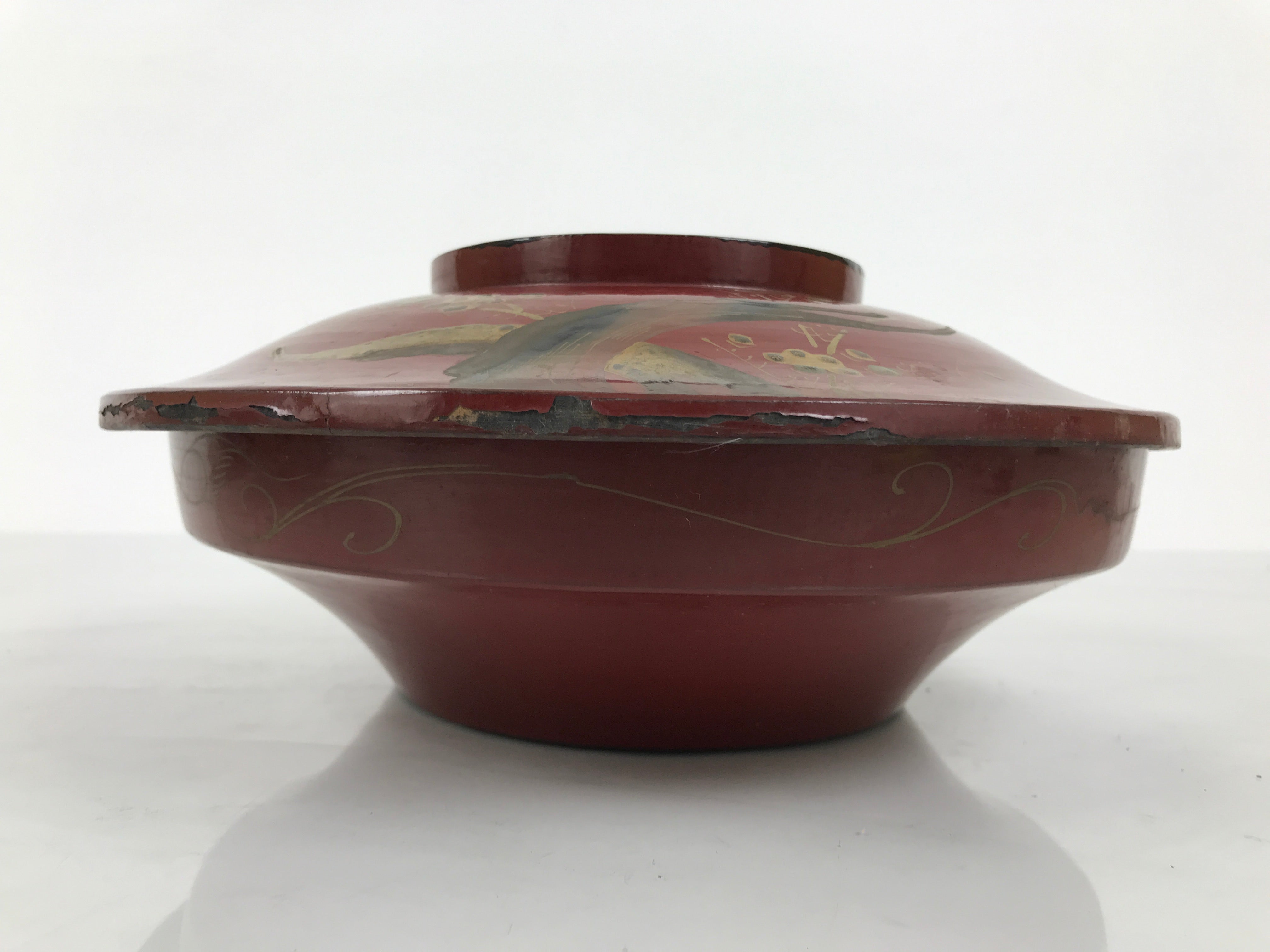 Antique Japanese Lacquer Wood Lidded Large Bowl Makie Gold Red Plum Crane L611