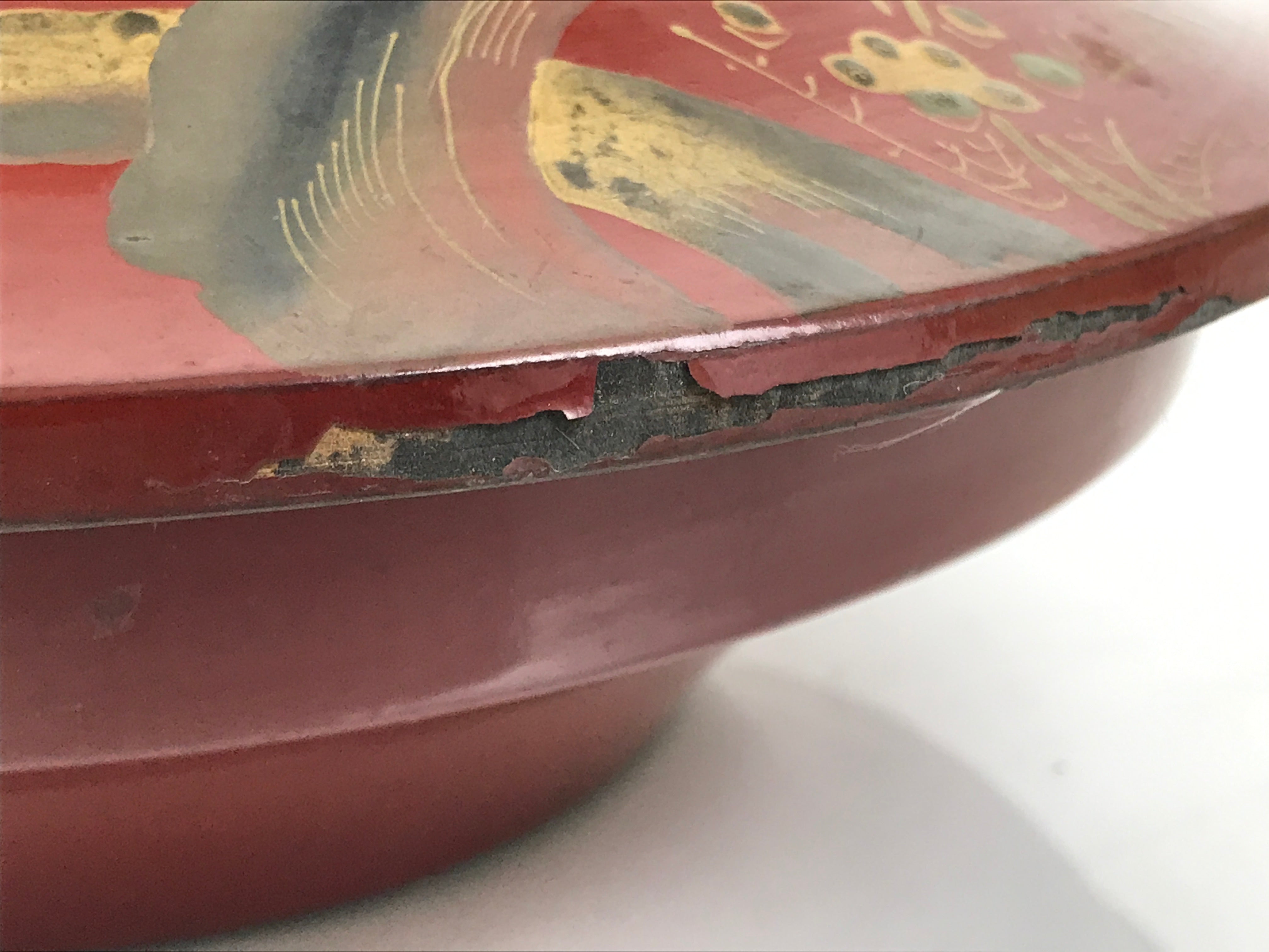 Antique Japanese Lacquer Wood Lidded Large Bowl Makie Gold Red Plum Crane L611