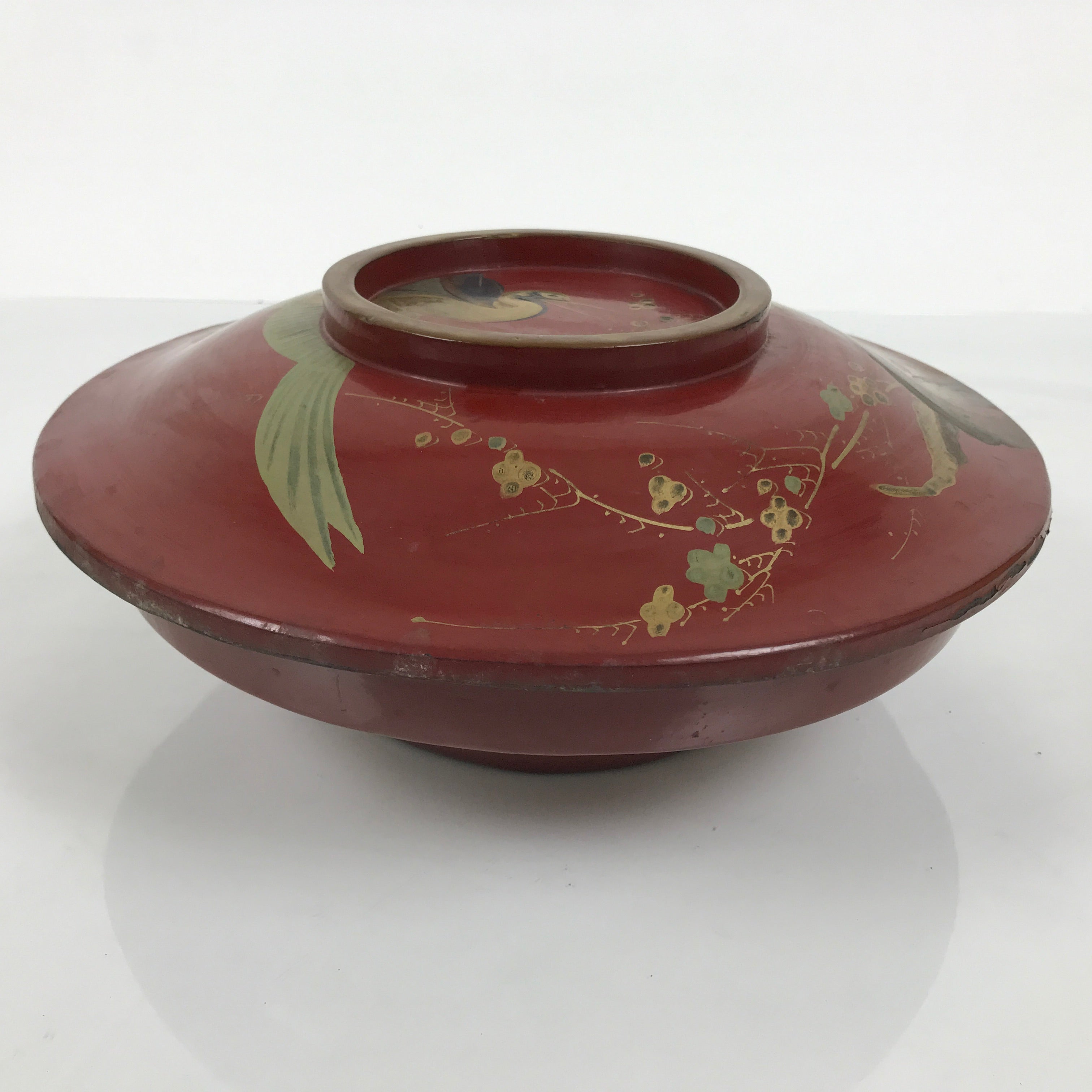 Antique Japanese Lacquer Wood Lidded Large Bowl Makie Gold Red Plum Crane L611