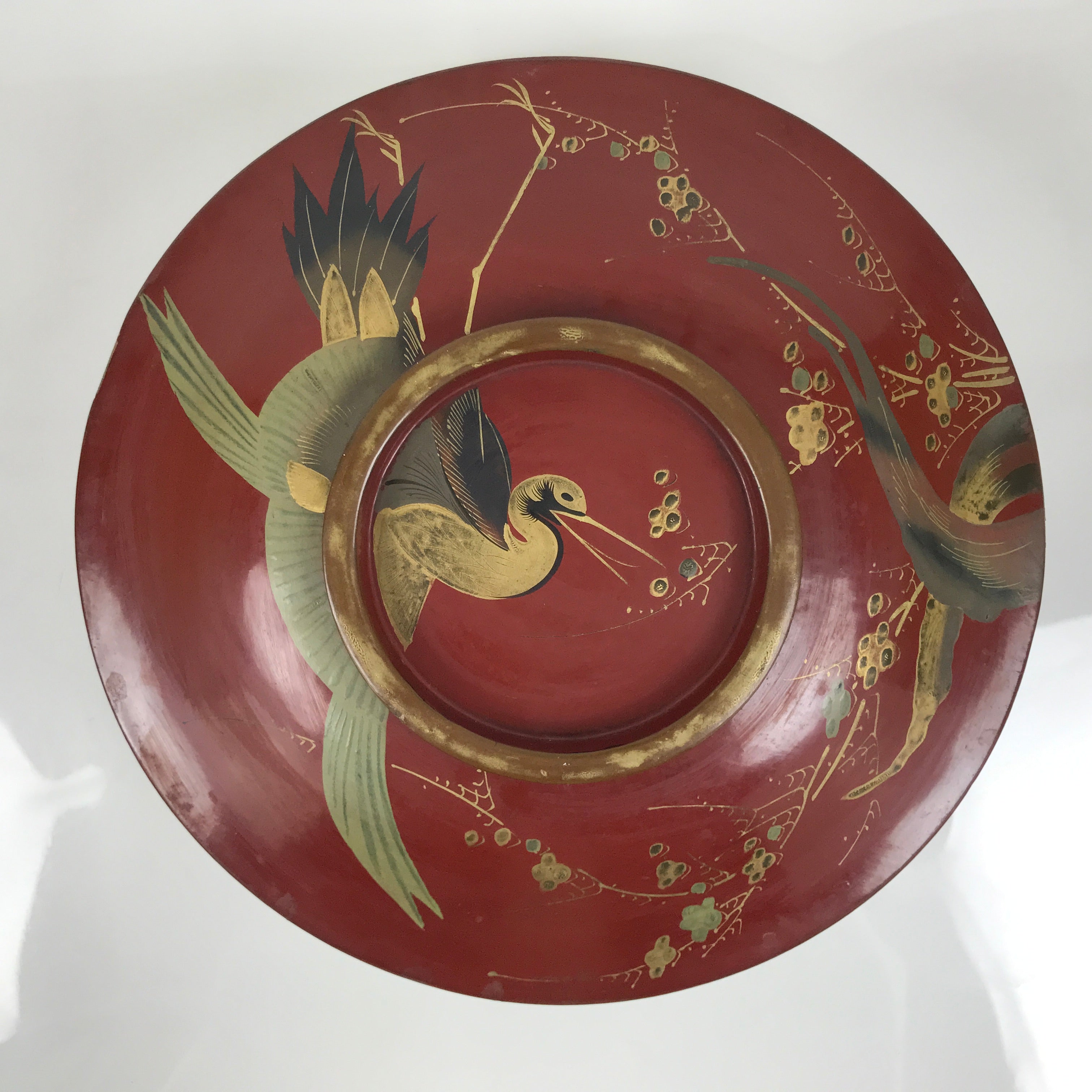 Antique Japanese Lacquer Wood Lidded Large Bowl Makie Gold Red Plum Crane L611