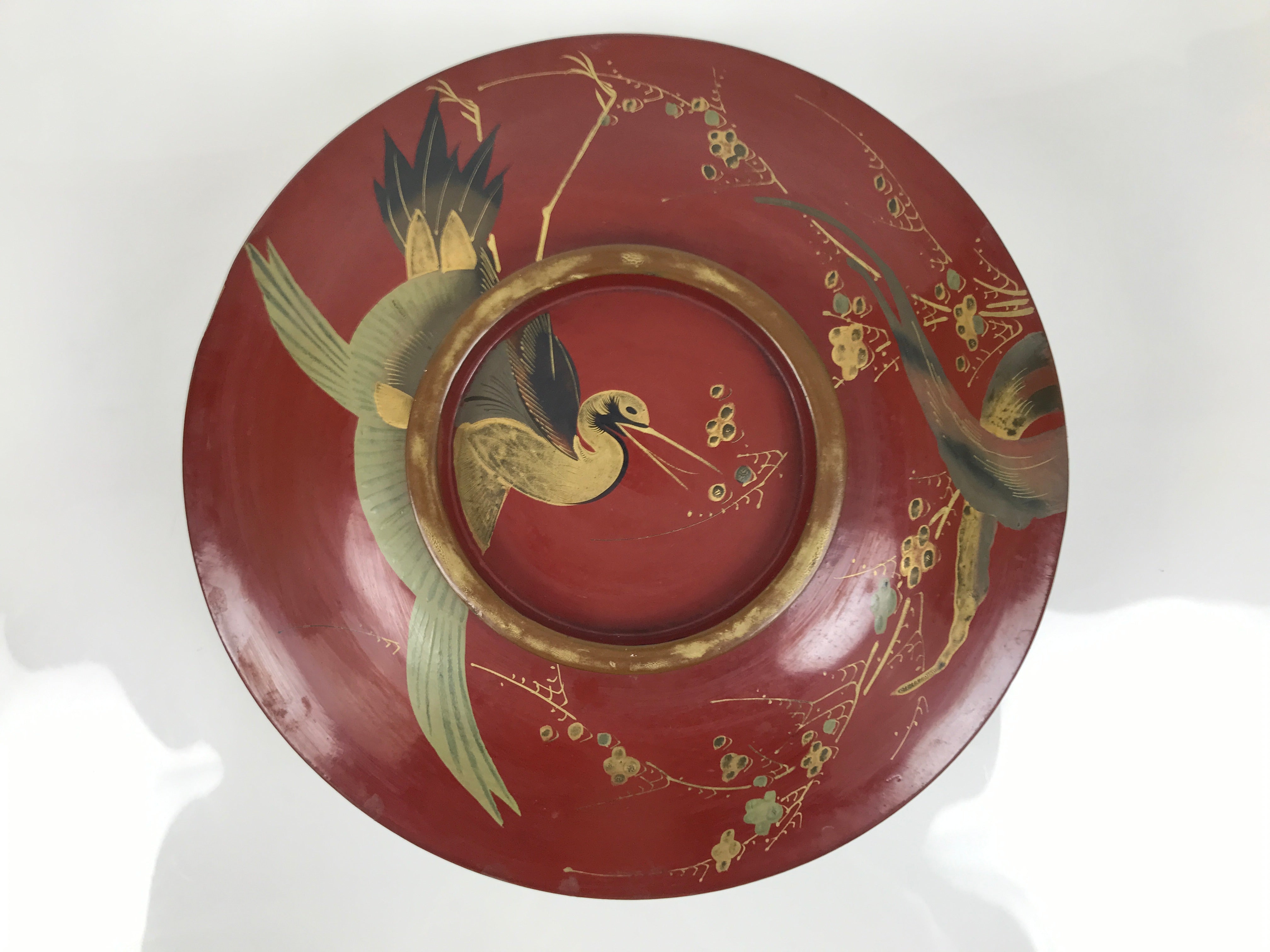 Antique Japanese Lacquer Wood Lidded Large Bowl Makie Gold Red Plum Crane L611