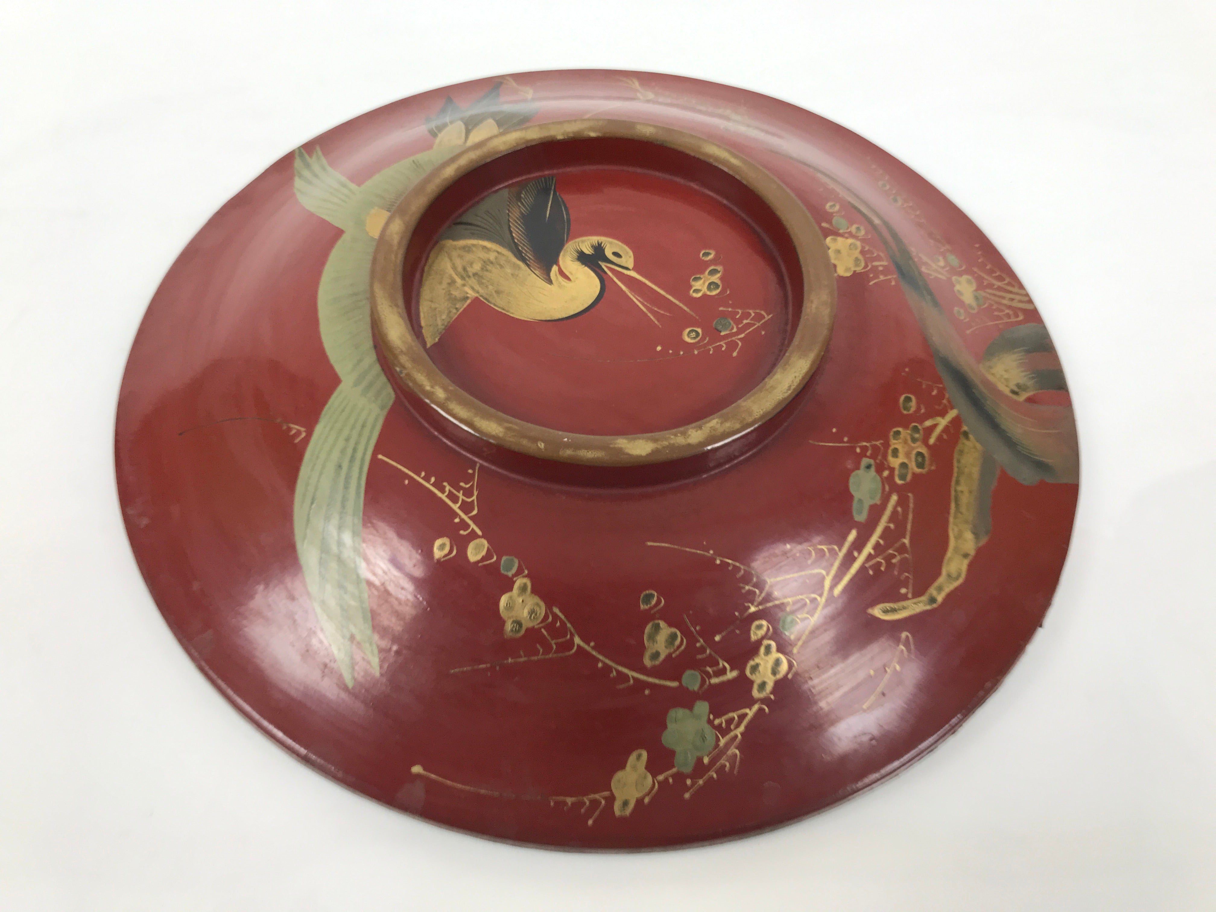 Antique Japanese Lacquer Wood Lidded Large Bowl Makie Gold Red Plum Crane L611
