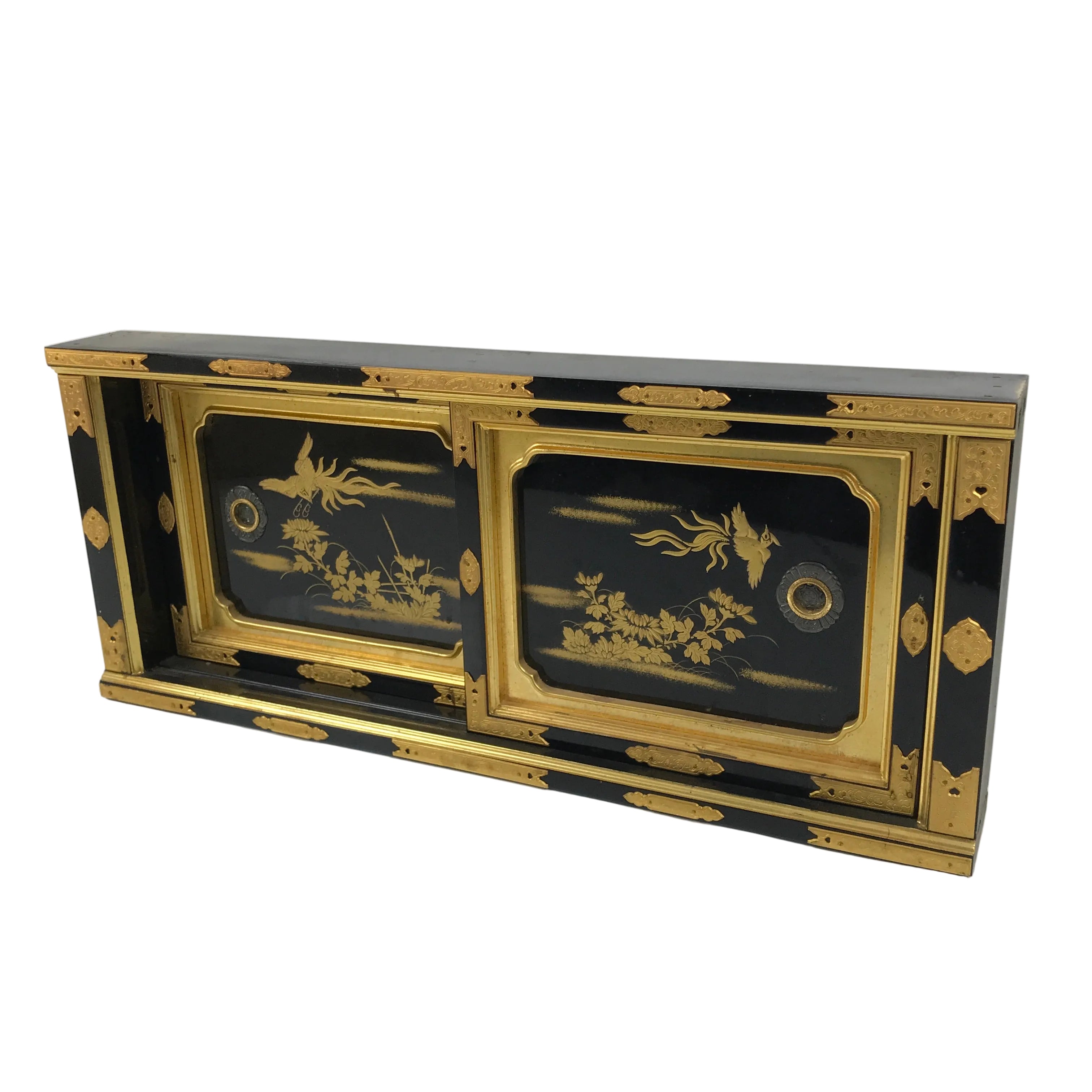 Japanese Buddhist Altar Lacquer Wood Sliding Doors Brass Black Gold Makie BP23