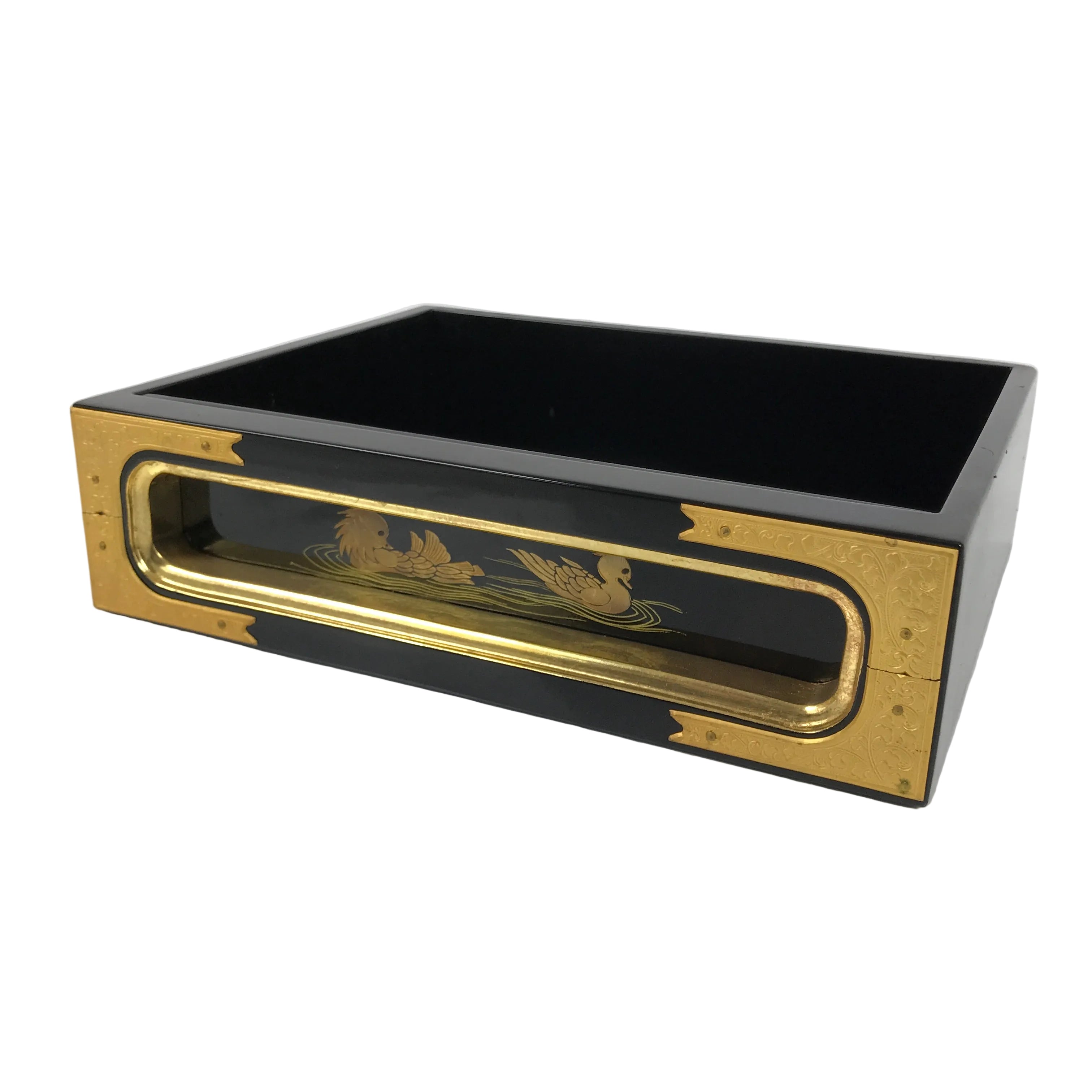 Japanese Buddhist Altar Lacquered Drawer Vtg Brass Black Gold Ducks Makie BP28