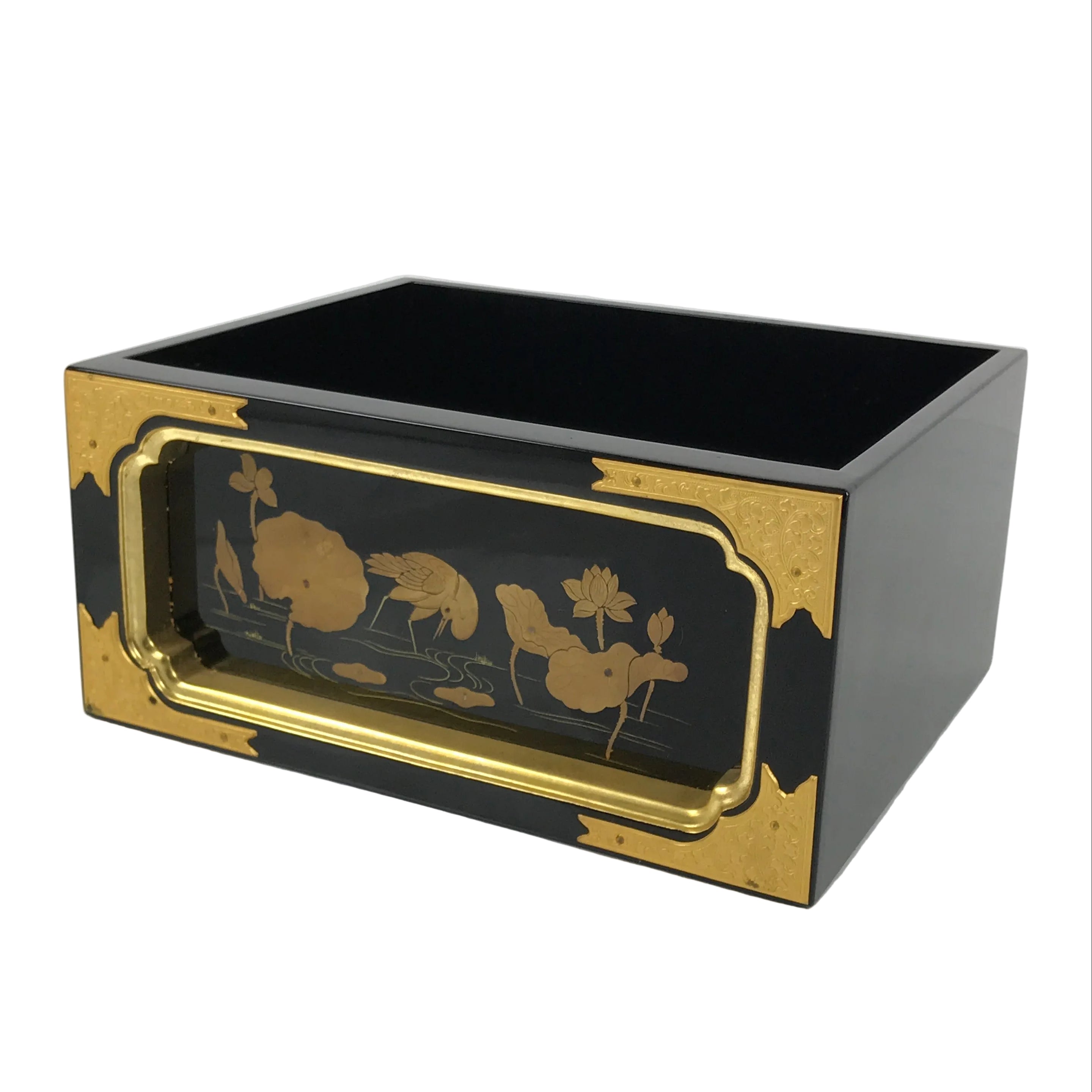 Japanese Buddhist Altar Lacquered Drawer Vtg Brass Black Gold Lotus Makie BP29