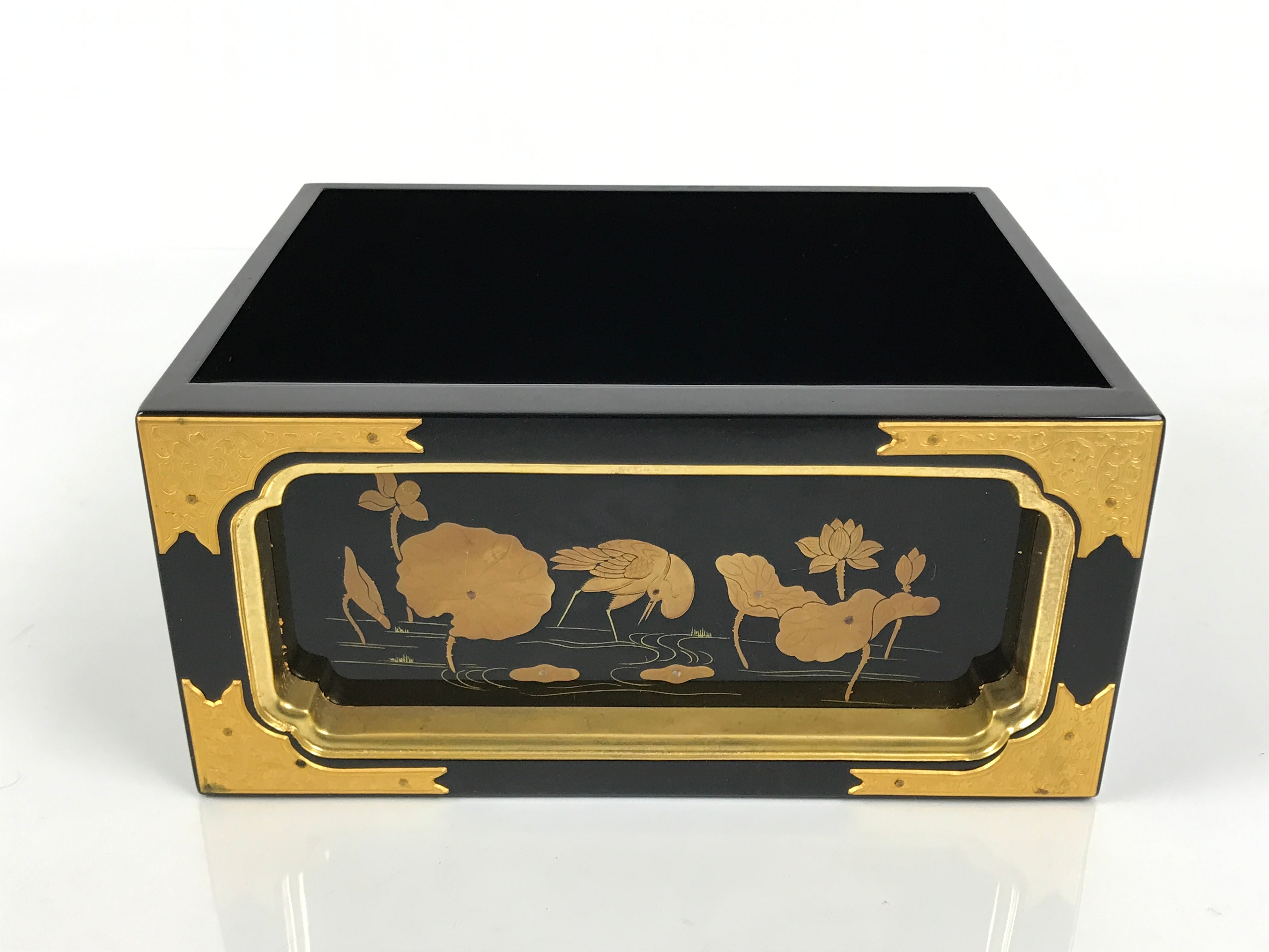 Japanese Buddhist Altar Lacquered Drawer Vtg Brass Black Gold Lotus Makie BP29