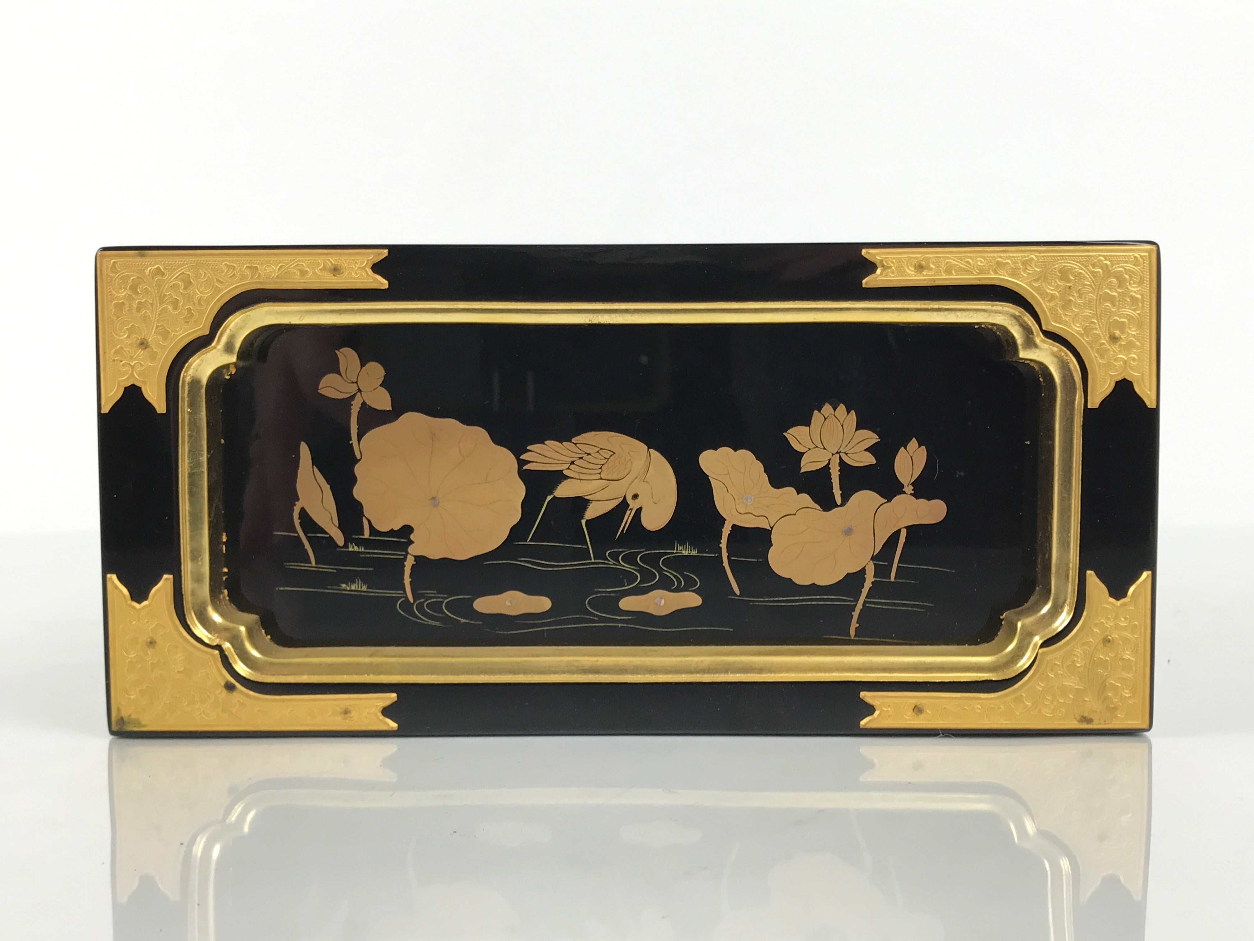 Japanese Buddhist Altar Lacquered Drawer Vtg Brass Black Gold Lotus Makie BP29