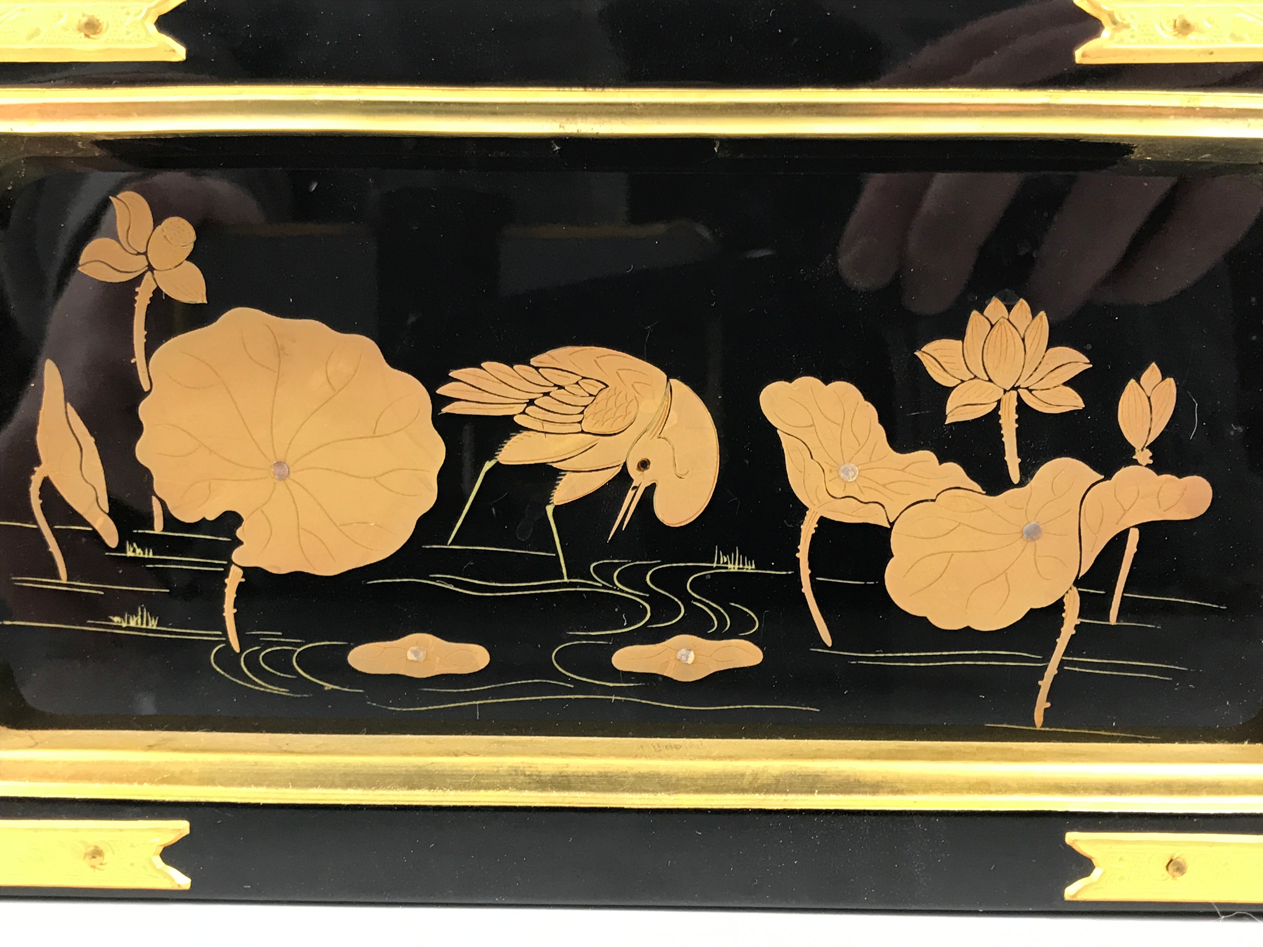 Japanese Buddhist Altar Lacquered Drawer Vtg Brass Black Gold Lotus Makie BP29