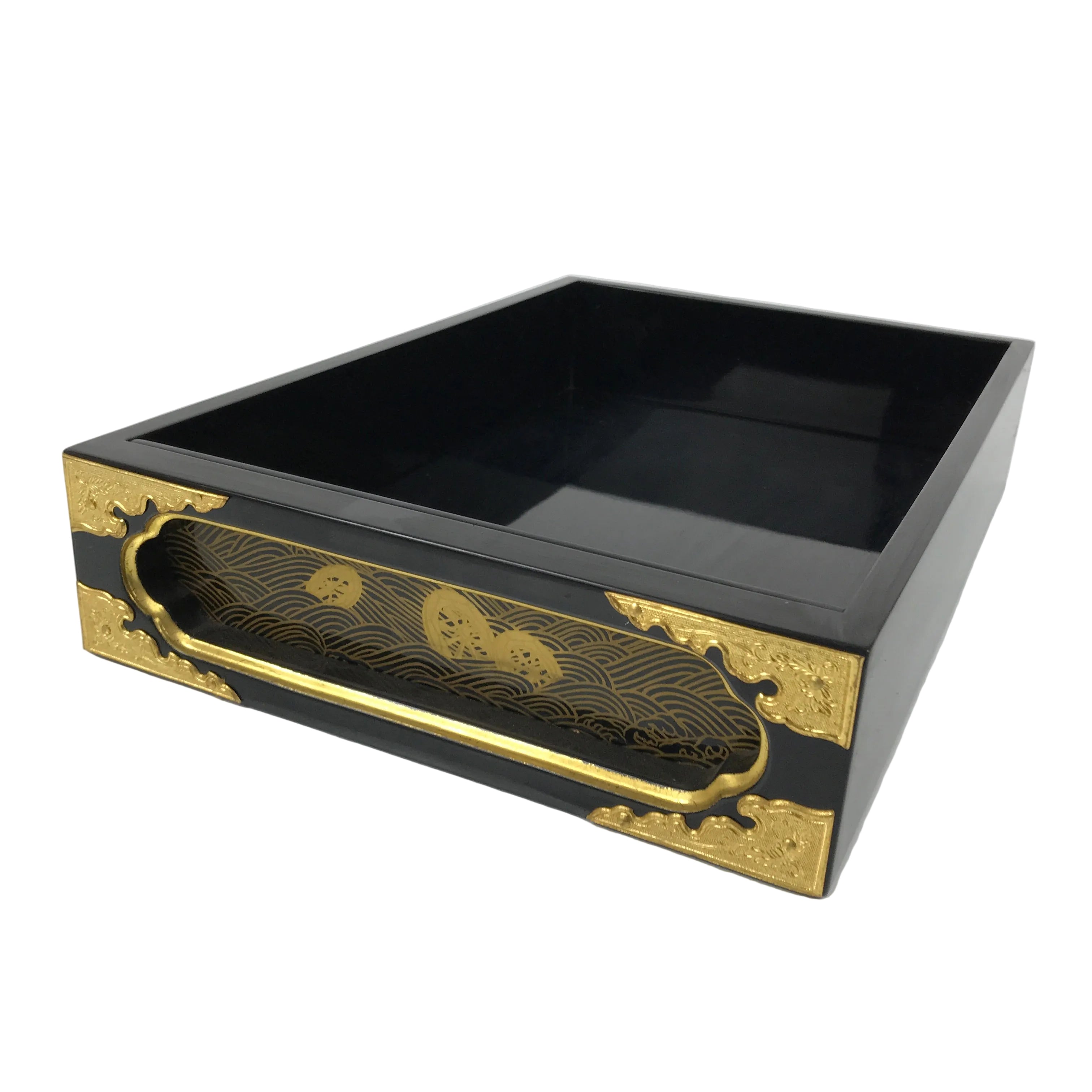 Japanese Buddhist Altar Lacquered Drawer Vtg Brass Black Gold Wheel Makie BP27