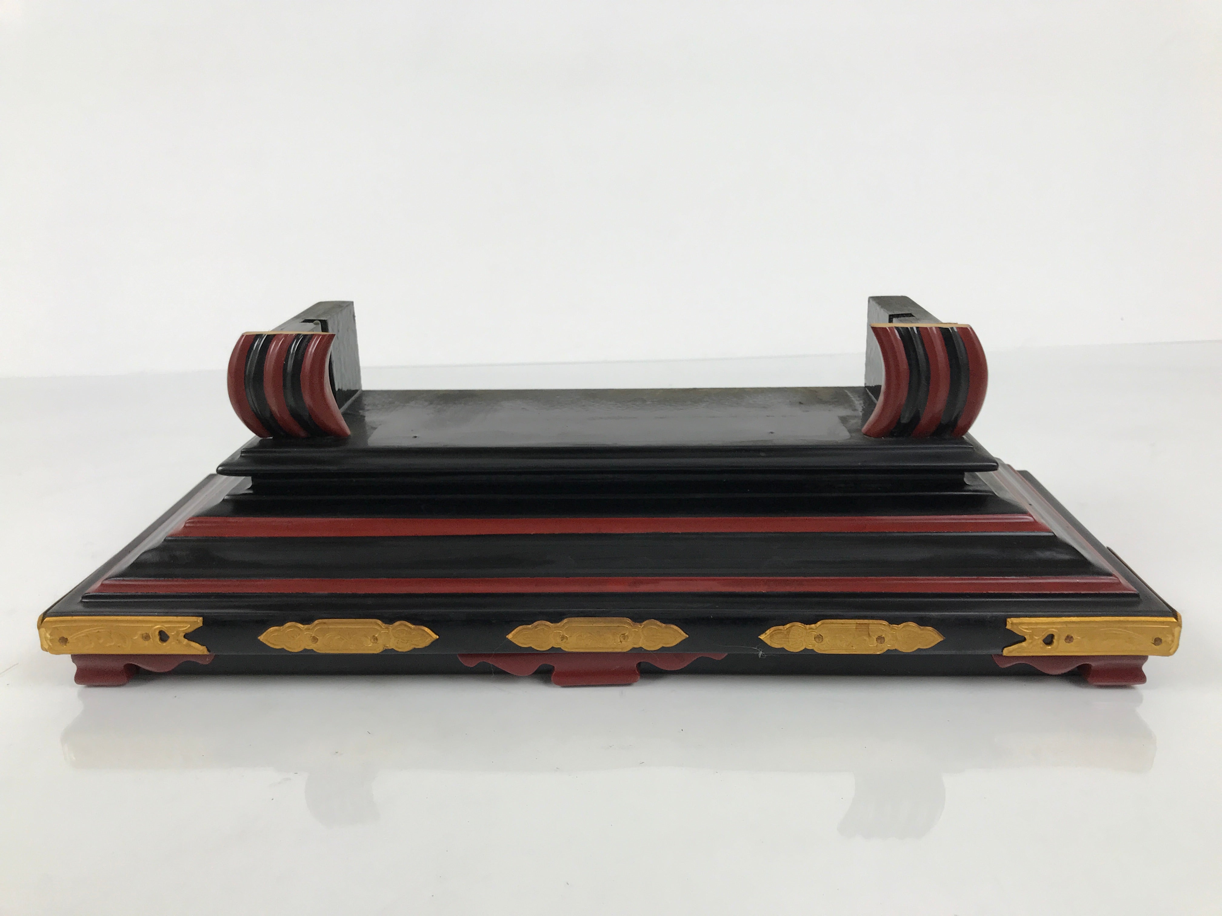 Japanese Buddhist Altar Lacquered Shumidan Part Vtg Carved Black Red Brass BP22