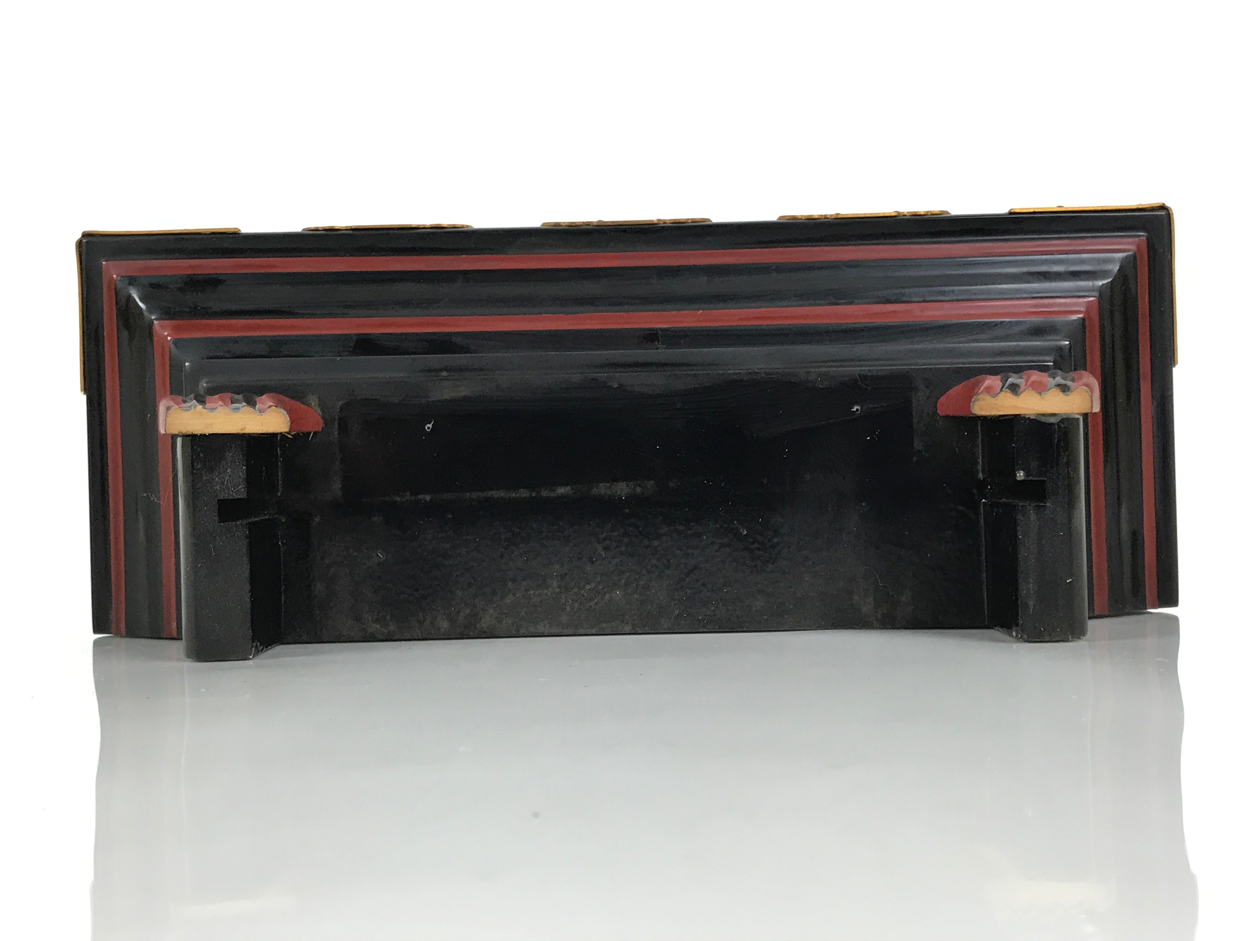 Japanese Buddhist Altar Lacquered Shumidan Part Vtg Carved Black Red Brass BP22