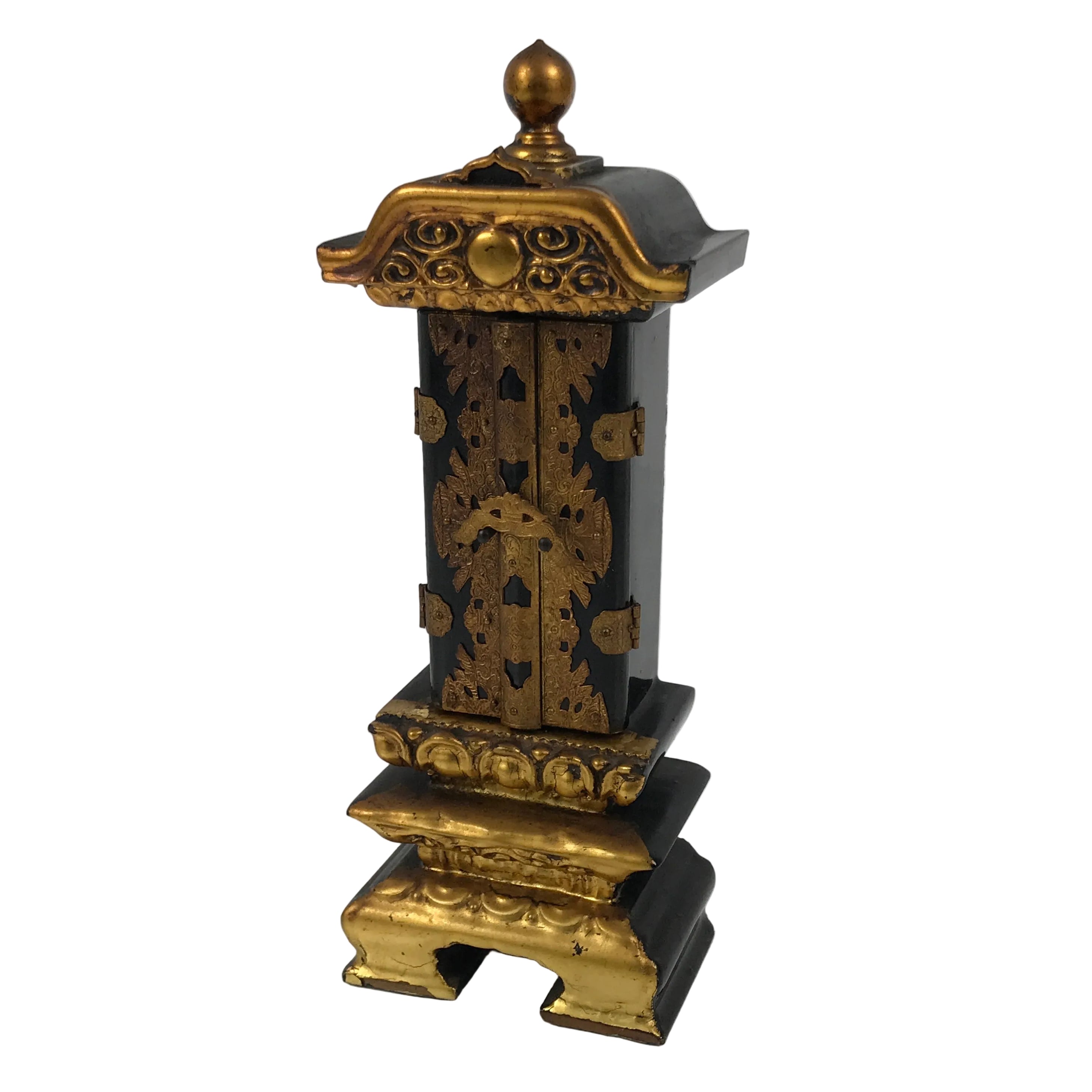 Japanese Buddhist Altar Mortuary Tablet Vtg Gold Black Wood Lacquer Ihai BA899