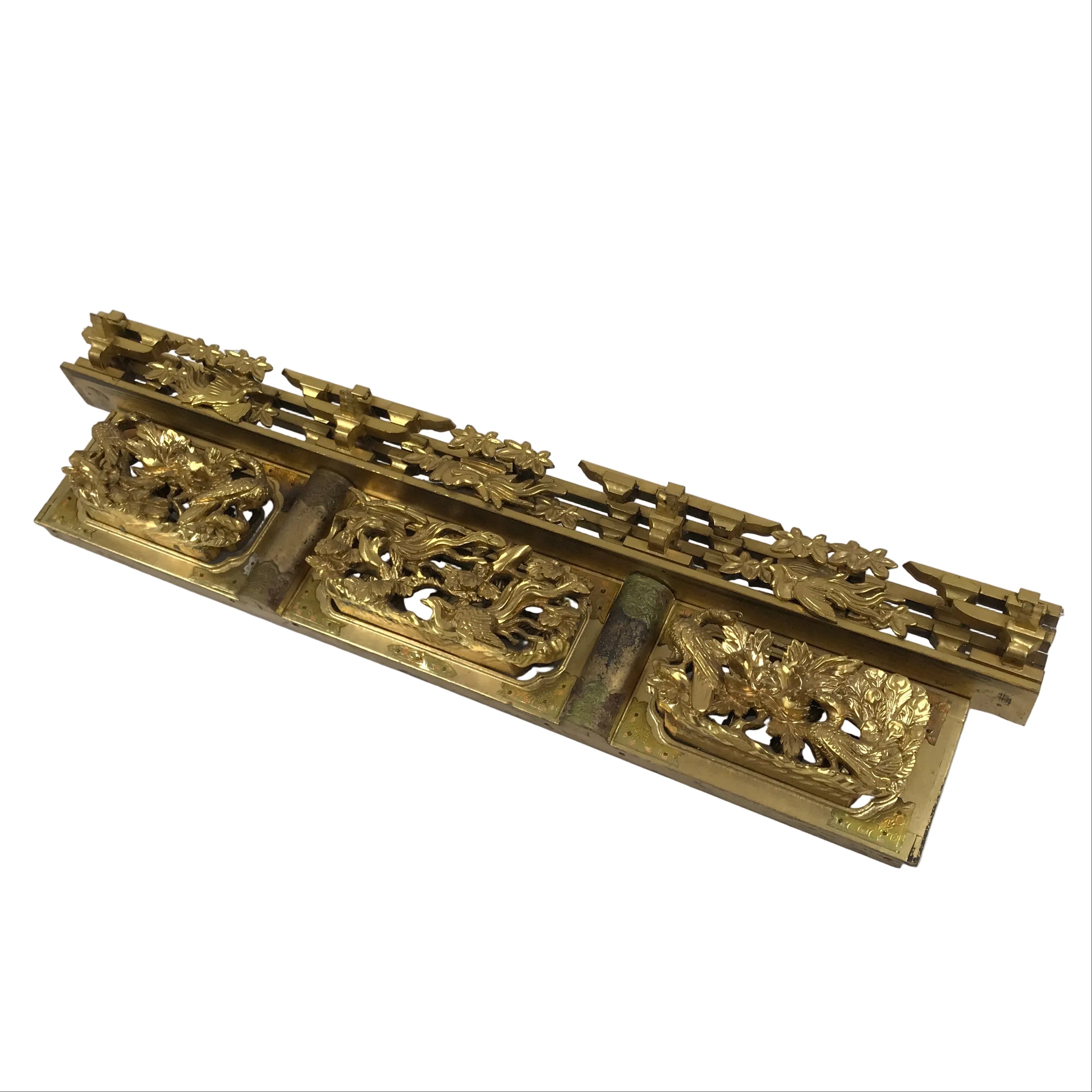 Japanese Buddhist Altar Wood Lacquer Part Carved Bird Peony Gold Brass BP32