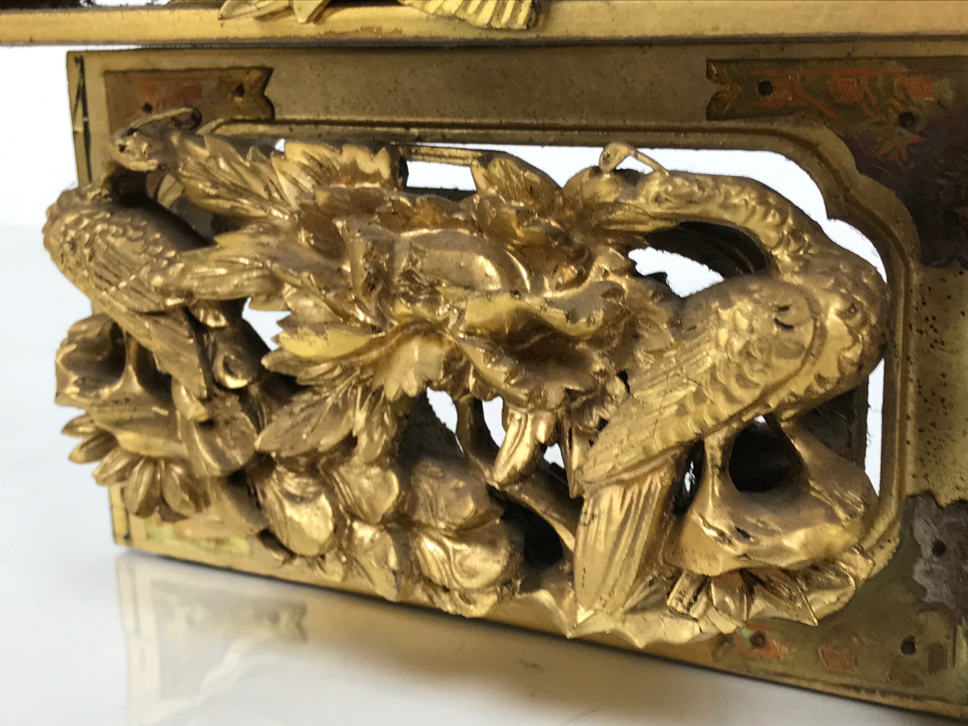 Japanese Buddhist Altar Wood Lacquer Part Carved Bird Peony Gold Brass BP32