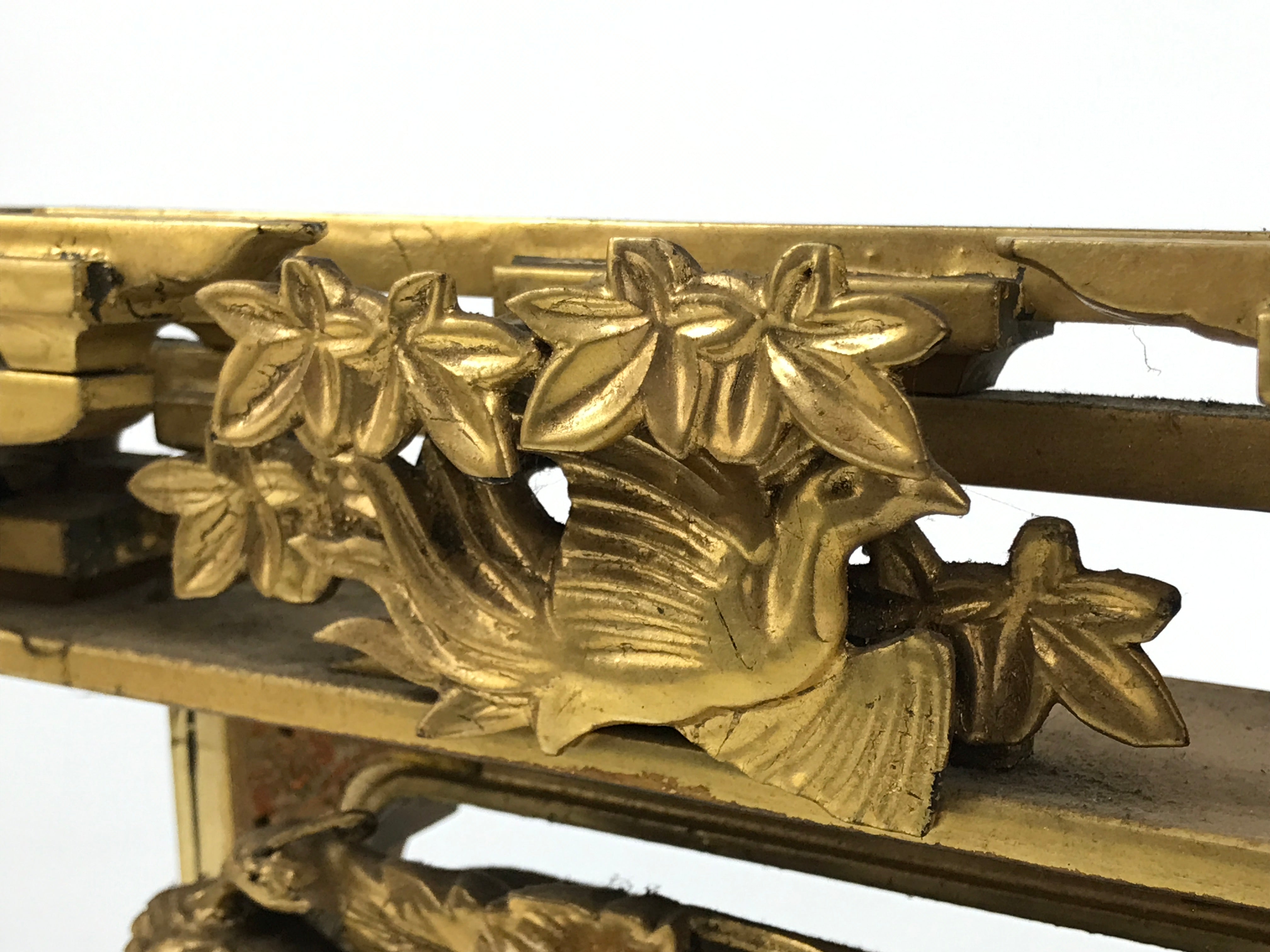 Japanese Buddhist Altar Wood Lacquer Part Carved Bird Peony Gold Brass BP32